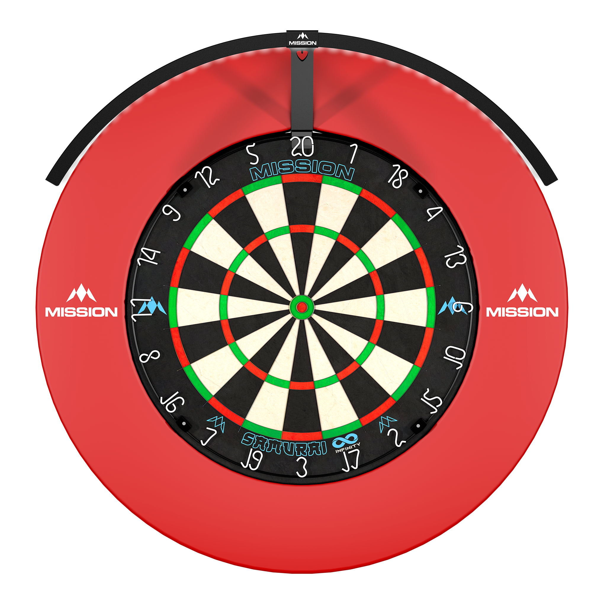 Mission Torus 120 LED Beleuchtungssystem in Schwarz ist auf diesem Bild zu sehen. Es handelt sich um ein elegantes und leistungsstarkes Beleuchtungssystem für Dartspieler.