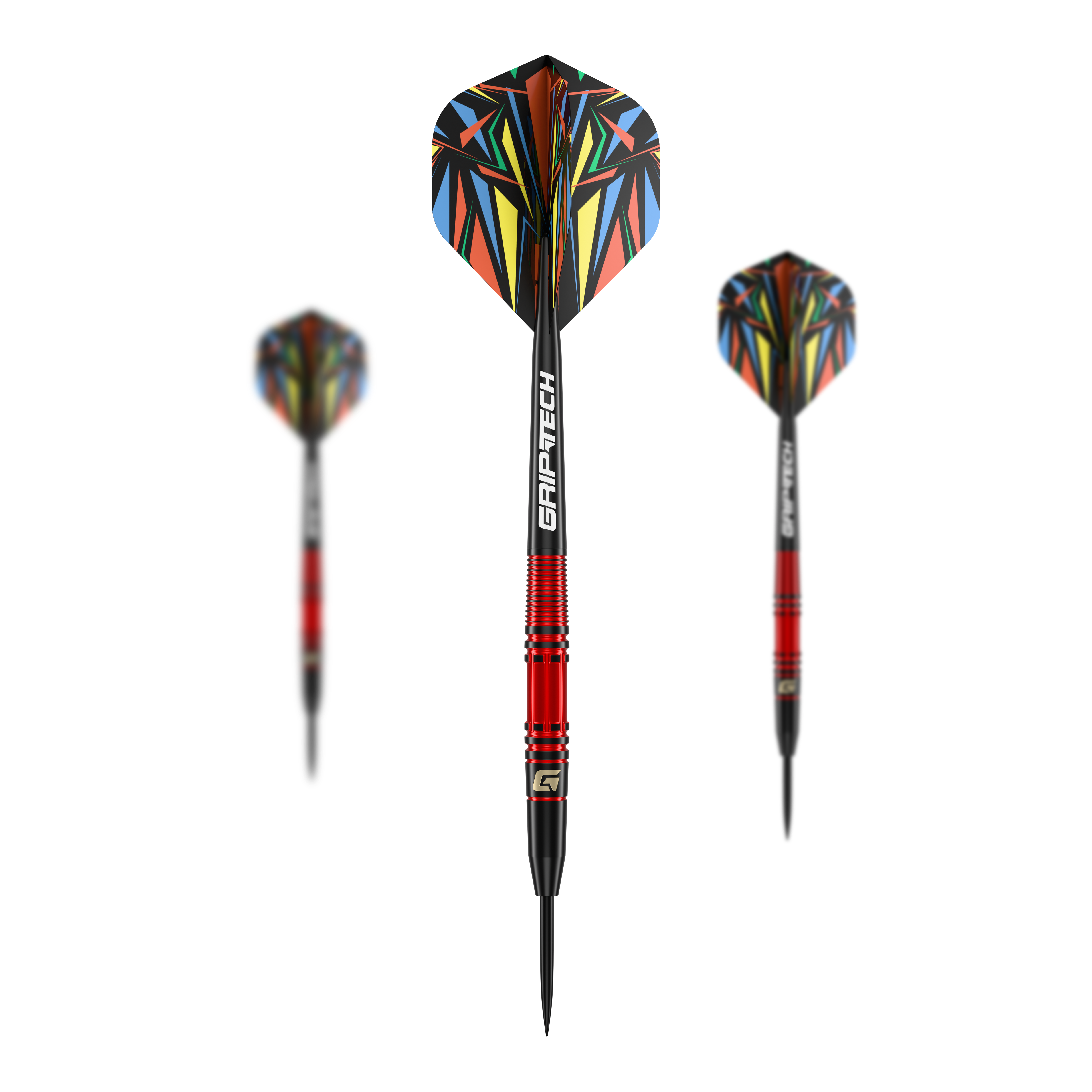 GOAT Athlete Red Brass Steeldarts - 11g Das Bild zeigt den GOAT Athlete Red Brass Steeldart mit einem Gewicht von 11g. Der Dart hat eine auffällige, bunte Flugfeder und einen roten Messingkörper.