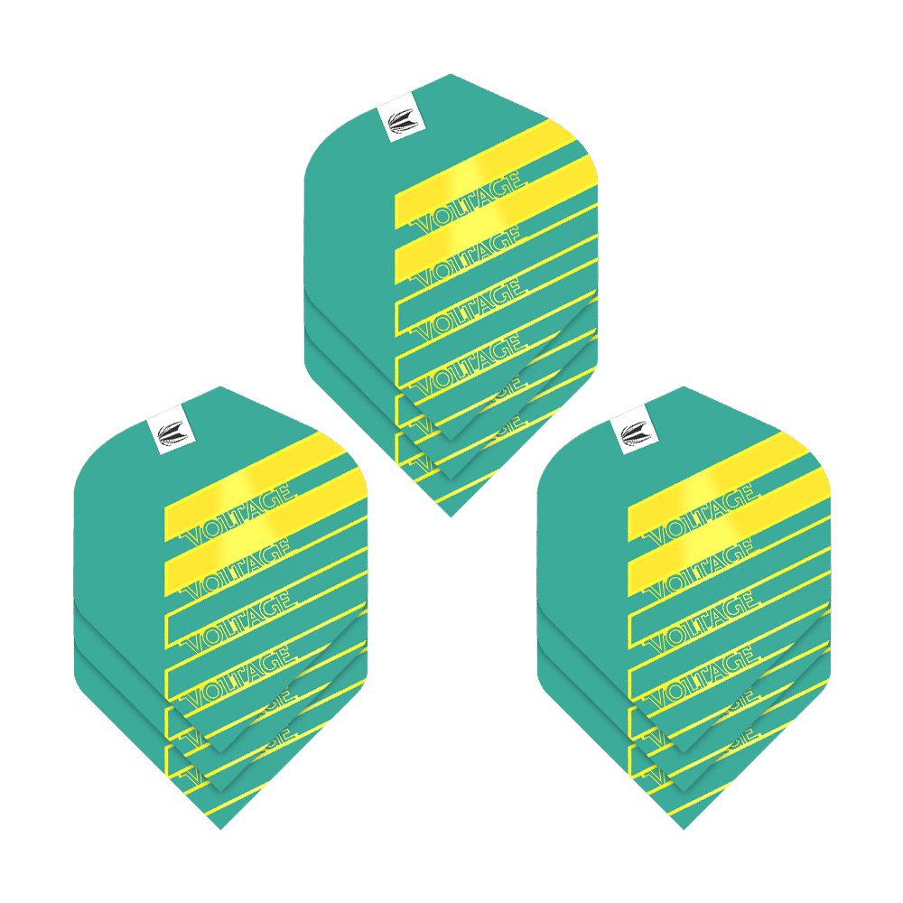 Target Pro Ultra Rob Cross Aqua No2 Standard Flights - 3 sets Das Bild zeigt drei Sets von Target Pro Ultra Rob Cross Aqua No2 Standard Flights. Die Flights sind türkis mit gelben Streifen und dem Schriftzug "VOLTAGE" darauf.