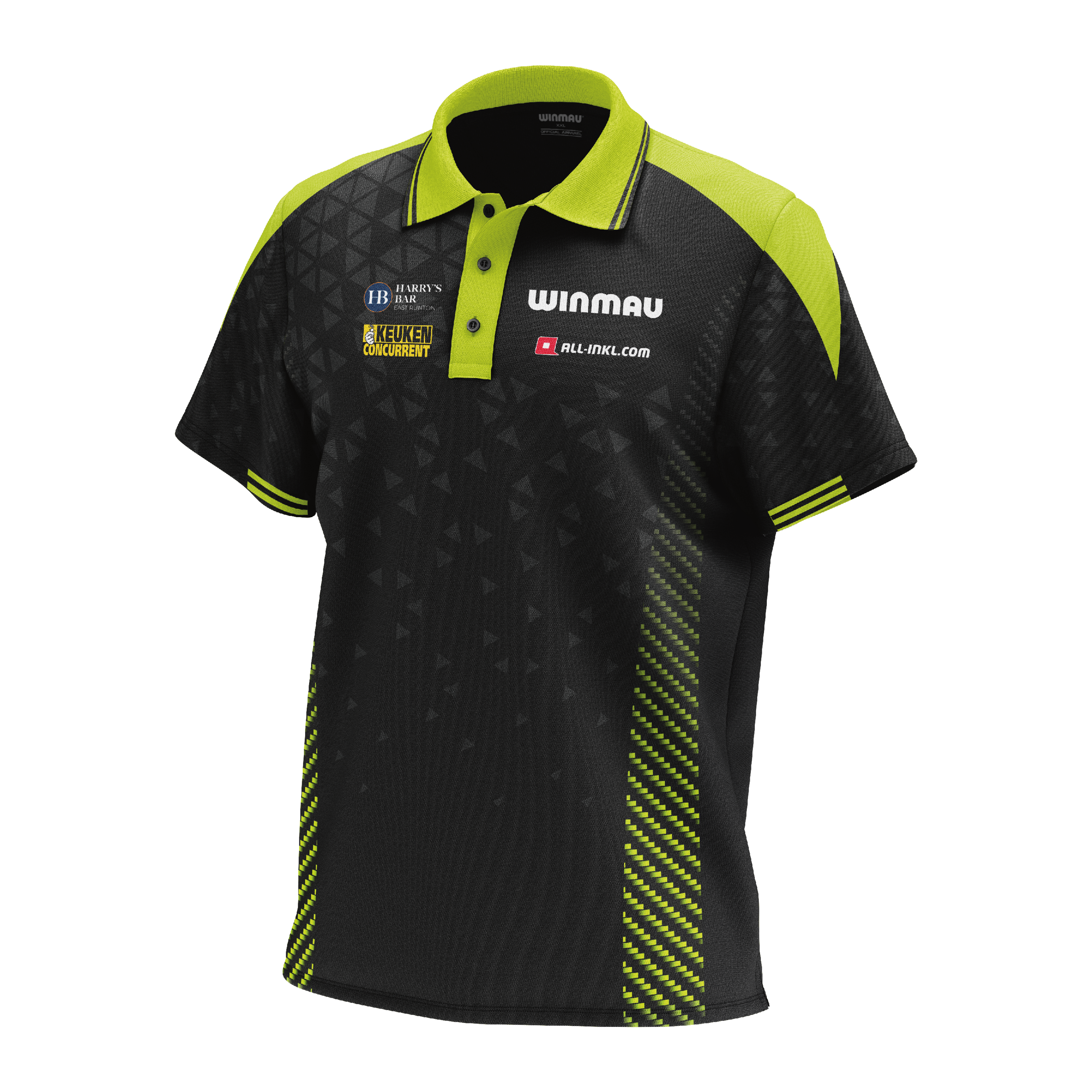 Winmau Michael Van Gerwen Stage polo shirt Das Bild zeigt das Winmau Michael Van Gerwen Stage Poloshirt. Es handelt sich um ein offizielles Poloshirt für Fans von Michael Van Gerwen.
