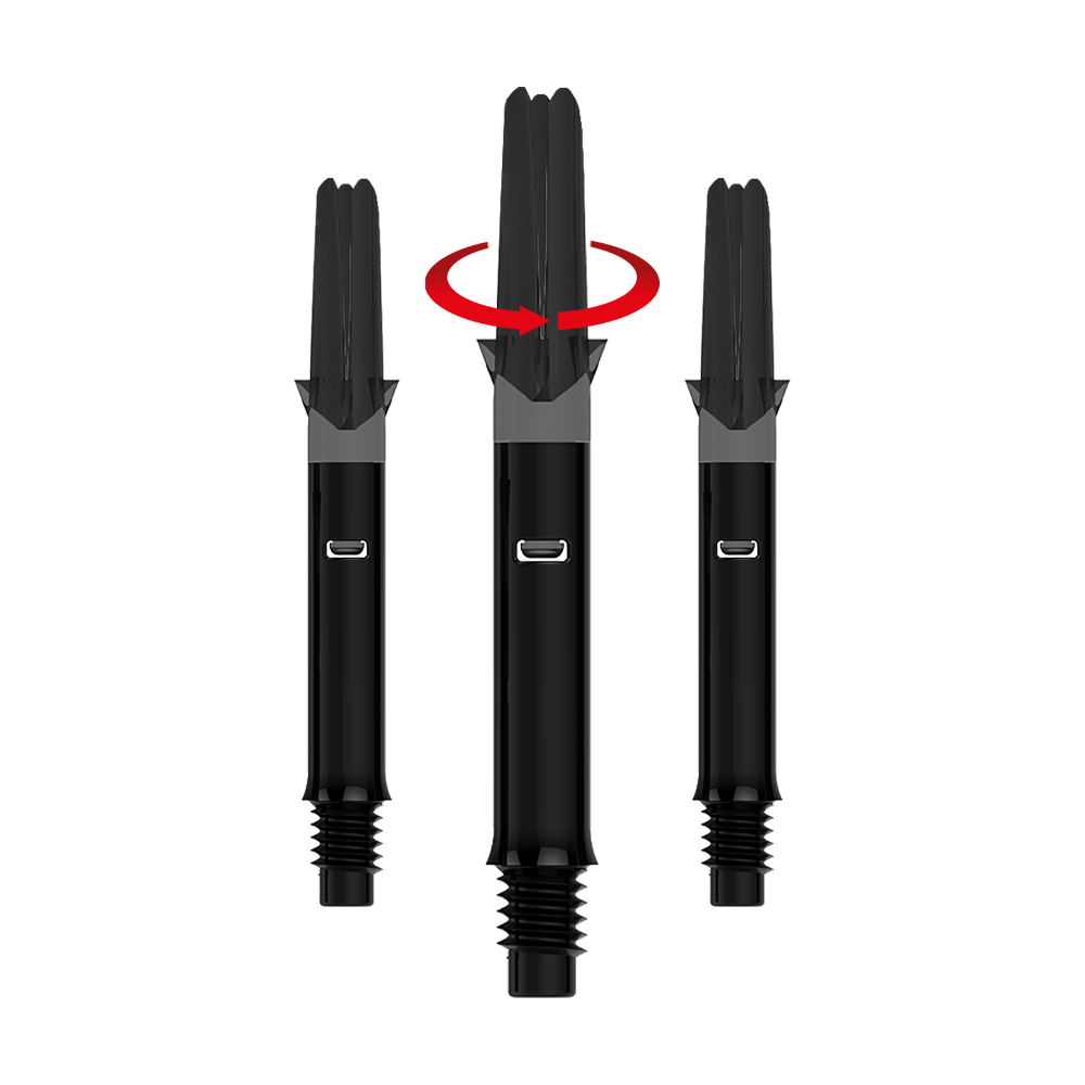 Das Bild zeigt drei schwarze Dartshafts ohne Kappen. Über dem mittleren Shaft befindet sich ein roter Pfeil, der eine Drehbewegung anzeigt.