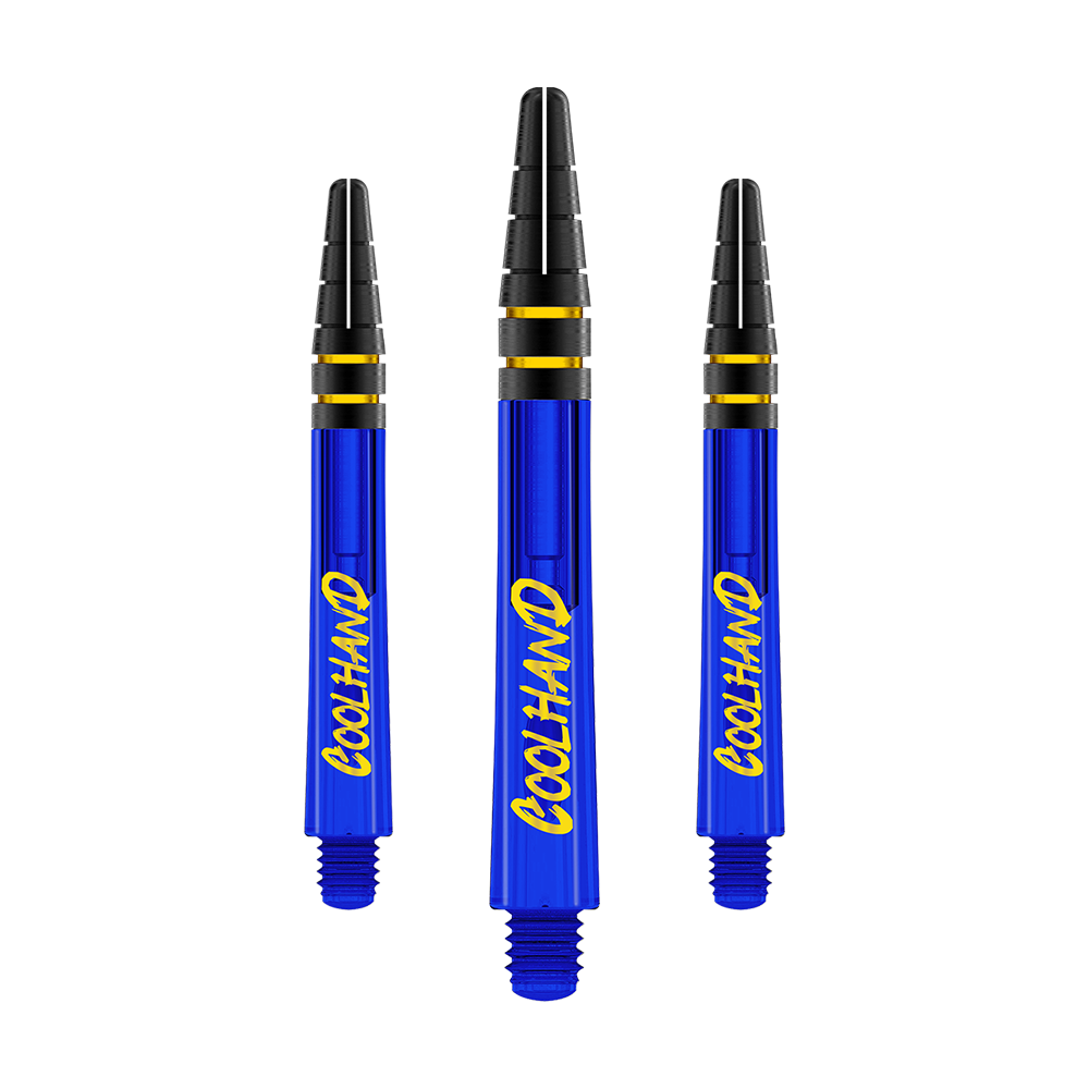 Red Dragon Nitrotech Luke Humphries Coolhand Shafts - Blue Auf dem Bild sind drei blaue Dartshafts mit der gelben Aufschrift „COOLHAND“ zu sehen. Die oberen Enden der Shafts sind schwarz mit goldenen Ringen verziert.