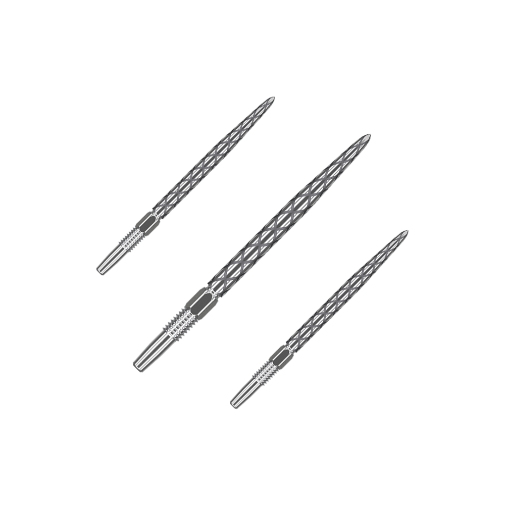 Target Swiss Diamond Pro Silver Points dart tips Das Set zeigt silberne Dartspitzen mit glänzender Oberfläche. Sie sind in einer transparenten Halterung angeordnet.