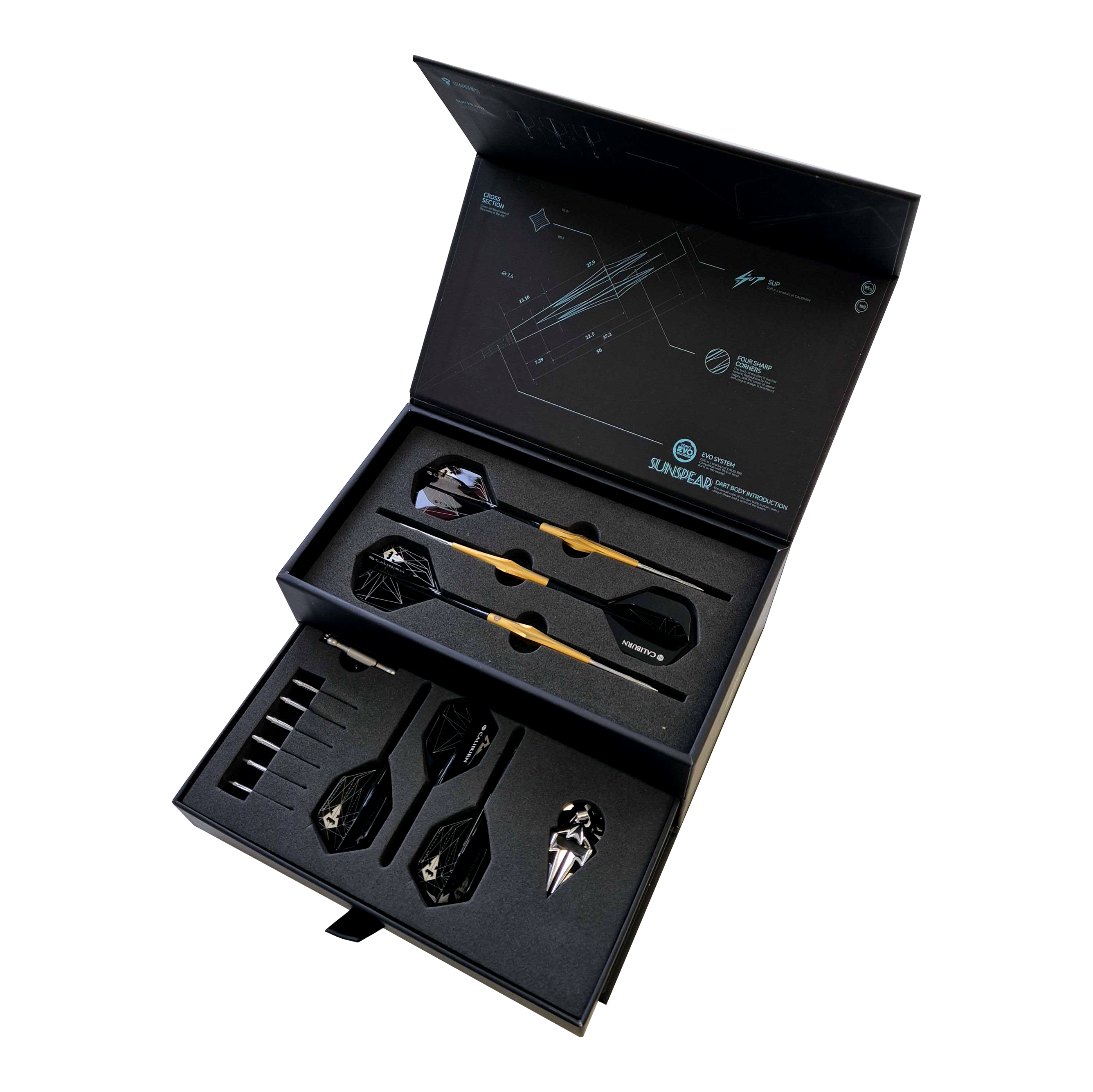 Caliburn Starships Series Sunspear Steel Darts - 19g Abgebildet ist Caliburn Starships Series Sunspear Steeldarts - 19g. Das Produkt zeigt einen Satz hochwertiger Steeldarts.