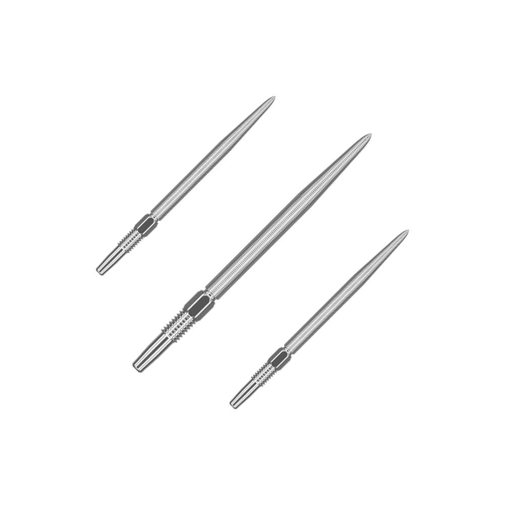 Target Swiss Point Nano Dart Tips - Silver Das Bild zeigt drei silberne Dartspitzen in einer Reihe. Jede Spitze ist schlank und hat ein feines Gewinde am unteren Ende.