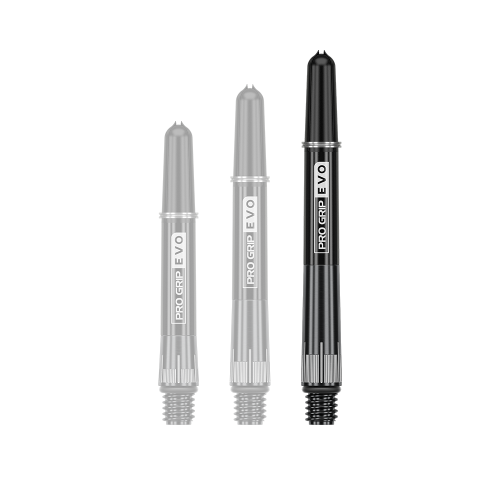 Auf dem Bild sind drei schwarze Dartschäfte in unterschiedlichen Längen zu sehen. Sie tragen die Aufschrift "PRO GRIP EVO" und sind aus Titan gefertigt.