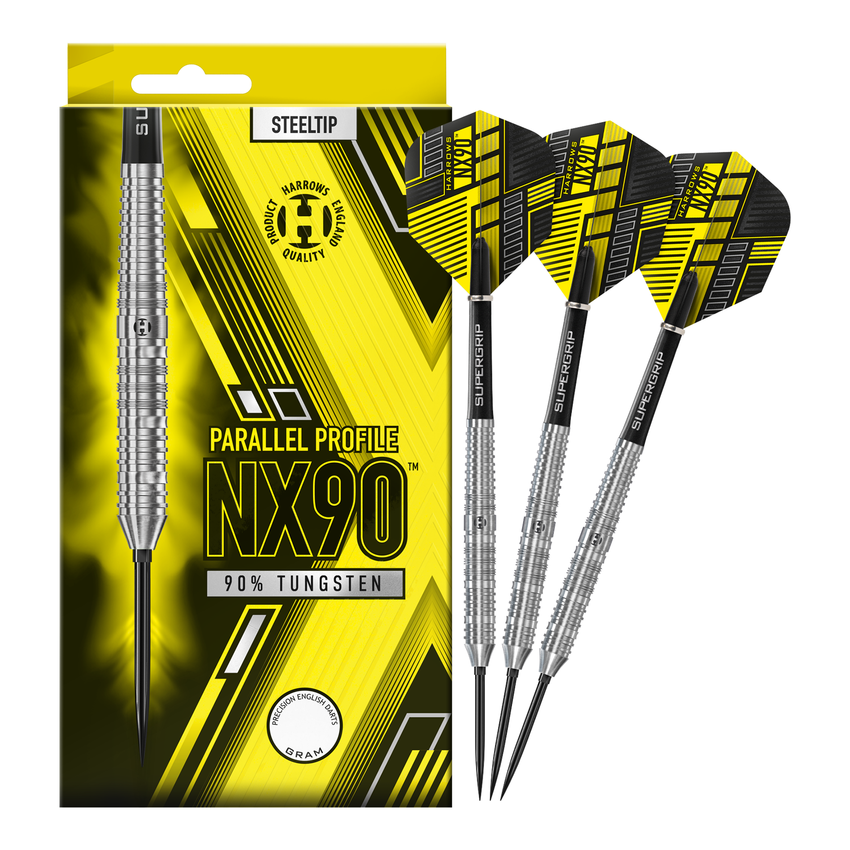 Harrows NX90 Parallel Quick Point Steel Darts Abgebildet sind die Harrows NX90 Parallel Quick Point Steeldarts. Diese Darts sind bekannt für ihre Präzision und ihr paralleles Barrel.