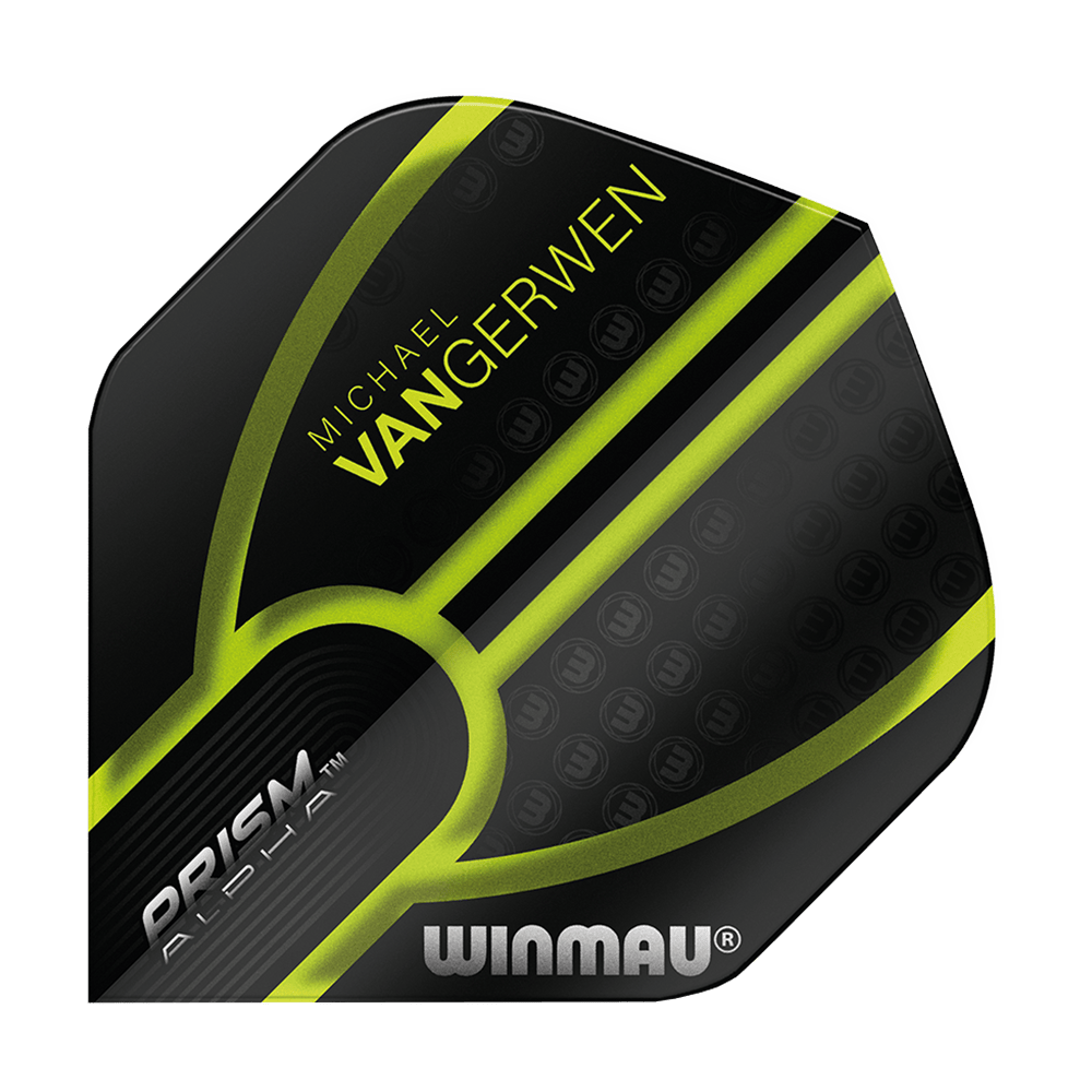 6915-143_Winmau_Prism_Alpha_MvG_Black_Green_V1_Standard_Flights_1 Winmau Prism Alpha MvG Black Green V1 Standard Flights in auffälligem Grafikstil. Die Flights liegen nebeneinander.