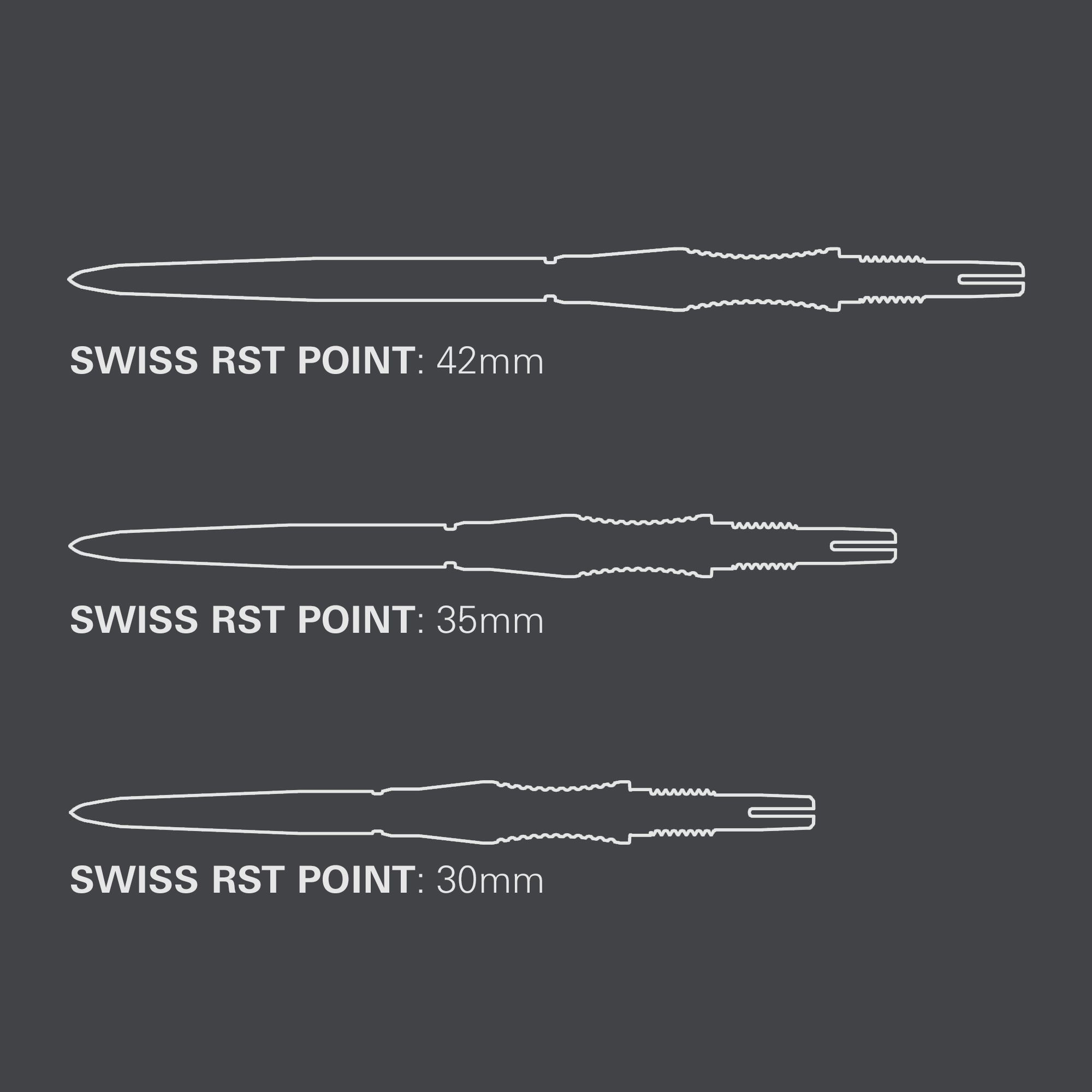 Auf diesem Bild werden die Target Swiss Point Dartspitzen Signature RST - Schwarz präsentiert. Sie sind als Zubehör für Dartspieler geeignet.