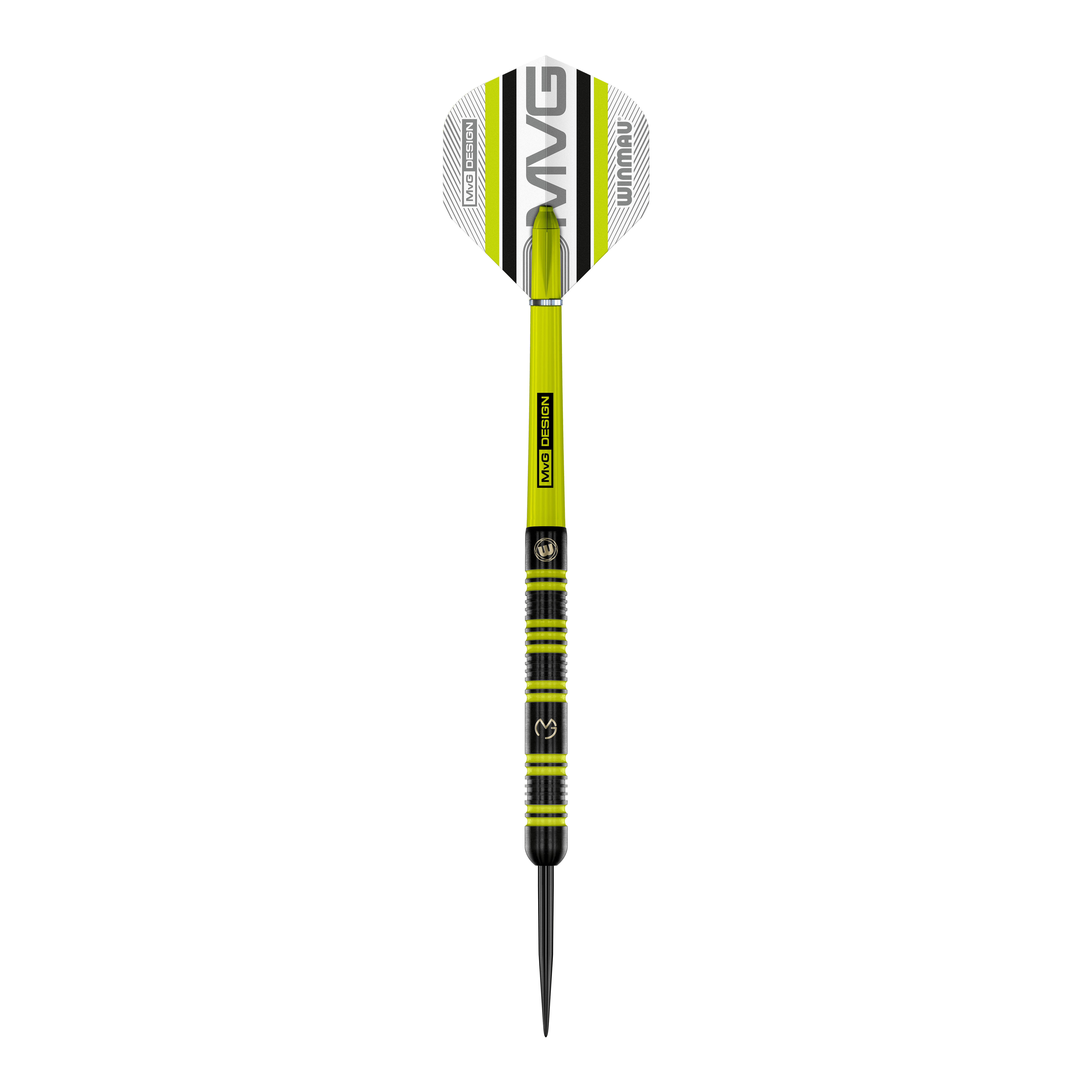 Winmau Michael Van Gerwen 85 Pro-Series steel darts Auf dem Bild ist ein Winmau Michael Van Gerwen 85 Pro-Series Steeldart zu sehen. Der Dart hat ein modernes Design mit grünen und schwarzen Akzenten sowie der Aufschrift „MVG DESIGN“ auf dem Schaft.