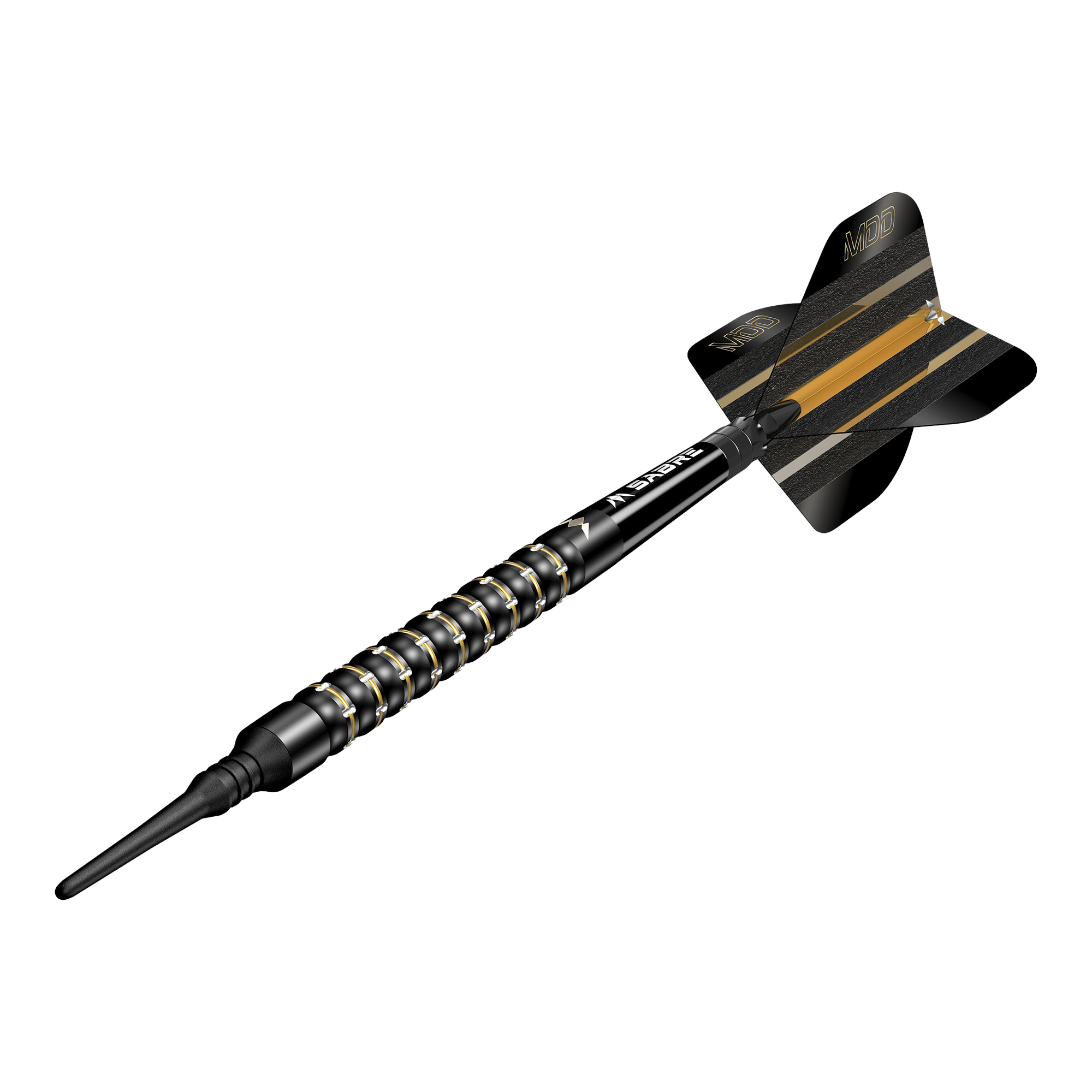 Mission Mike De Decker MDD Black Gold Soft Darts - 20g Das Bild zeigt einen schwarzen Softdartpfeil mit goldenen Akzenten. Auf der Flight steht "MDD" und der Pfeil wirkt hochwertig und modern.
