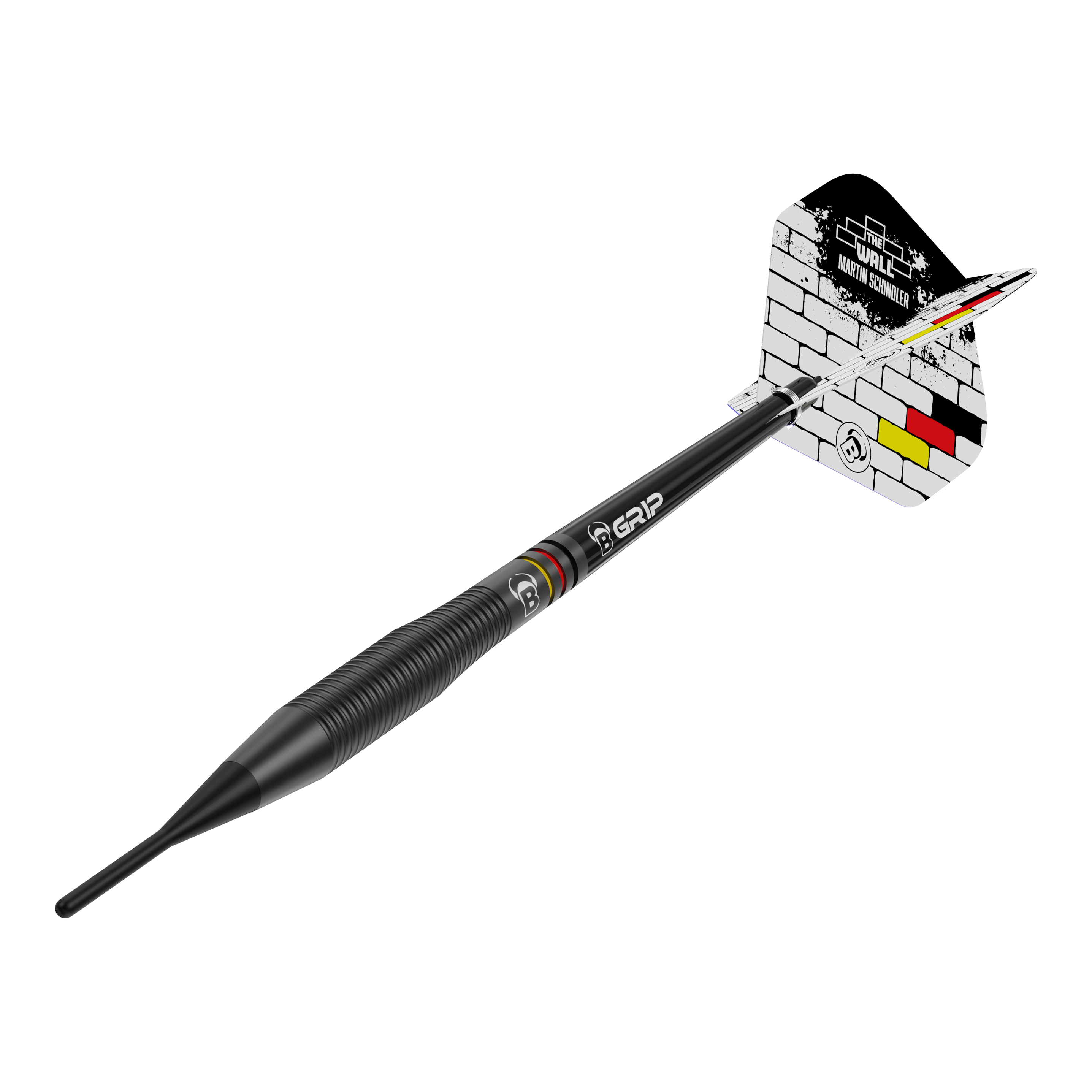 Bulls Martin Schindler The Wall Black Brass Softdarts - 18g Das Bild zeigt den Softdart "Bulls Martin Schindler The Wall Black Brass" mit einem Gewicht von 18g. Der Dart ist schwarz und hat am Flight ein Mauer-Design mit den Farben der deutschen Flagge.