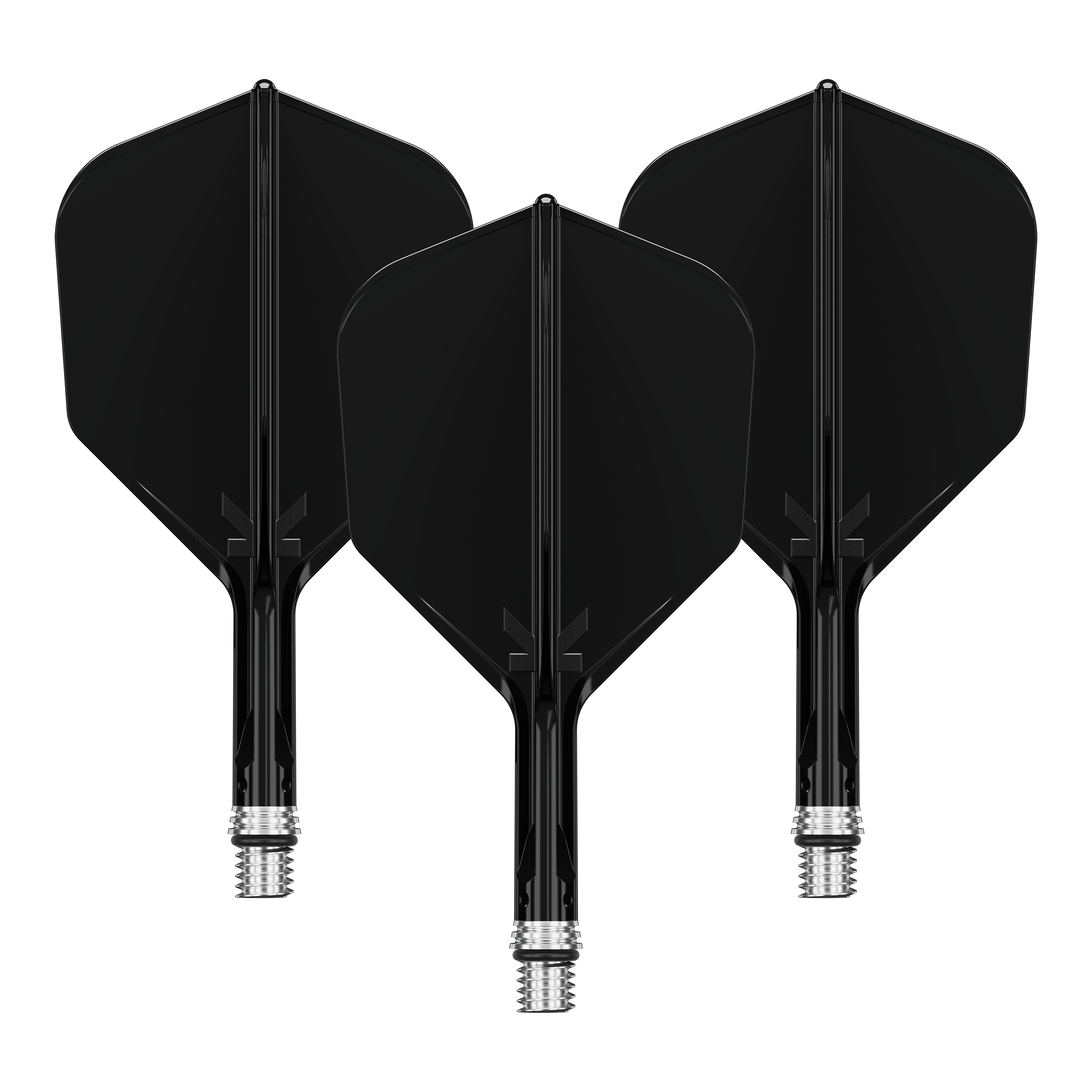 Das Bild zeigt ein Set schwarzer KShift No6 Flights mit 19mm Länge für Darts. Die Flights stammen von der Marke Target.