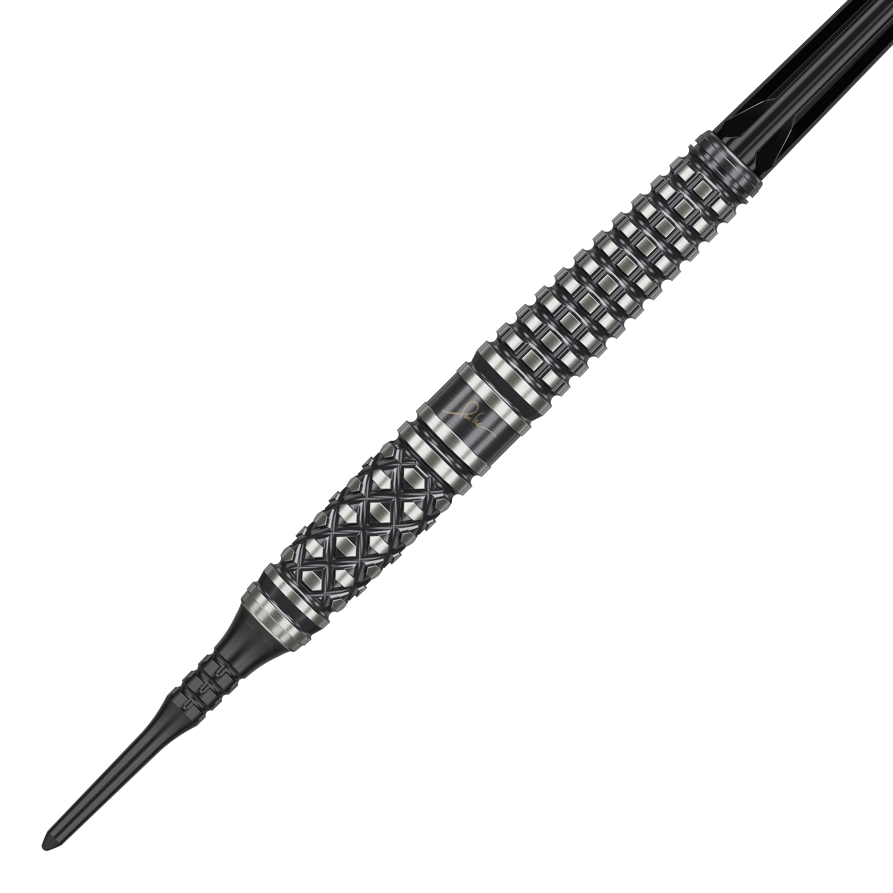 Target Japan Paul Lim The Legend GEN8 Soft Darts - 19g Das Bild zeigt einen "Target Japan Paul Lim The Legend GEN8 Softdart" mit 19g Gewicht. Der Dart hat ein markantes, schwarzes Design mit silbernen Rillen und einem strukturierten Griff.
