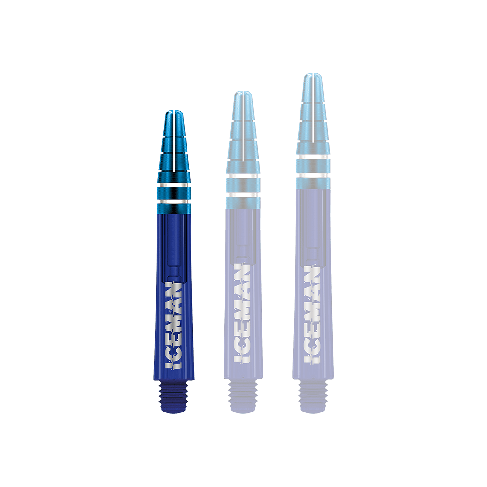 C810_Red_Dragon_Nitrotech_Gerwyn_Price_Blue_Shafts_36mm_1bW1ak37GQVIvd Das Bild zeigt drei blaue Dartschäfte mit silbernen Ringen. Auf den Schäften steht das Wort "ICEMAN" in weißen Buchstaben.