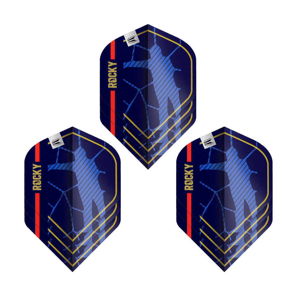 Target Pro Ultra Josh Rock GEN1 No2 Standard Flights - 3 Sets Das Bild zeigt drei Sätze der Target Pro Ultra Josh Rock GEN1 No2 Standard Flights. Die Flights sind dunkelblau mit goldenen, roten und blauen Akzenten sowie dem Schriftzug "ROCKY".