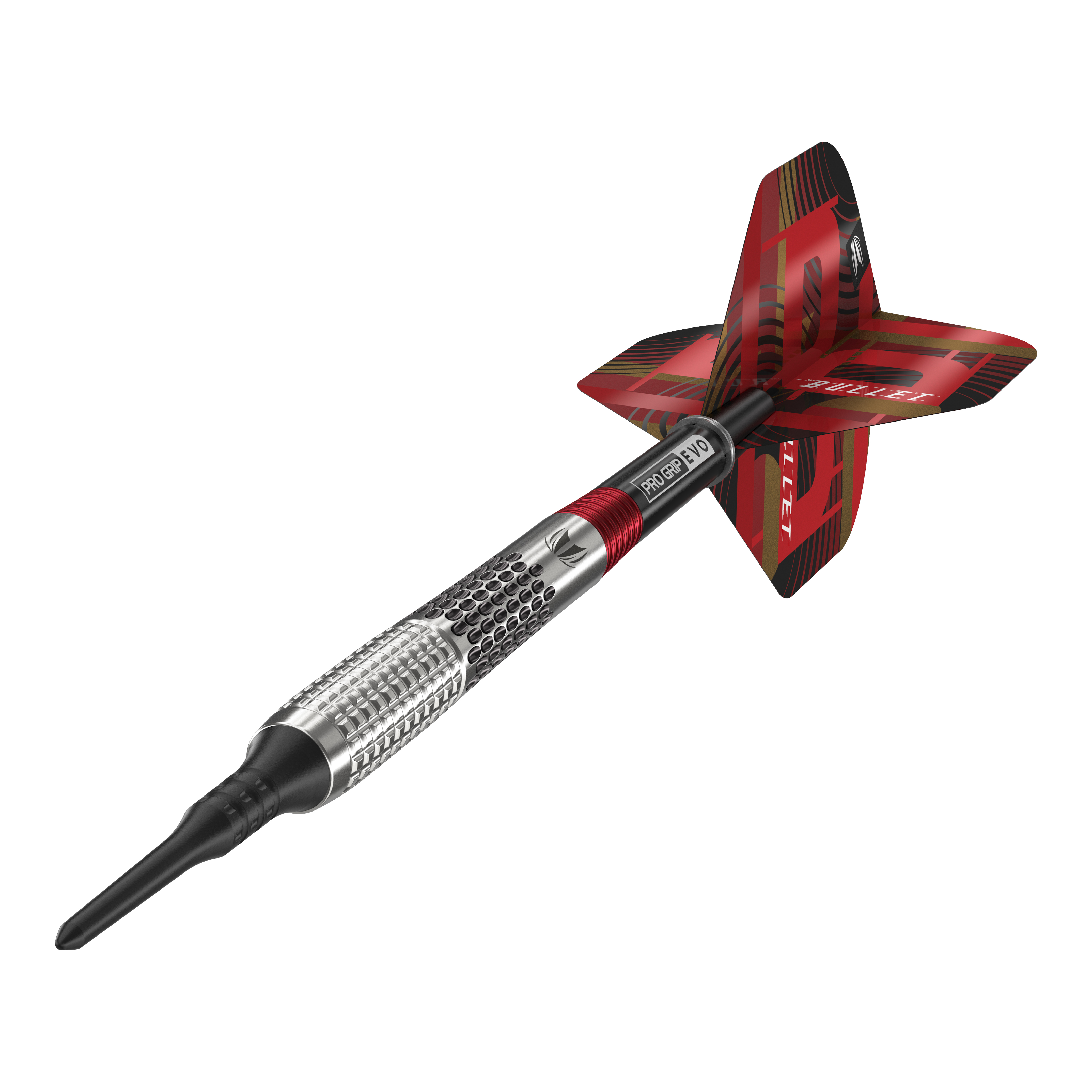 Target Stephen Bunting GEN5 Soft Darts - 18g Das Bild zeigt einen Target Stephen Bunting GEN5 Softdart mit einem Gewicht von 18g. Der Dartpfeil hat ein silbernes Griffstück mit roten und schwarzen Akzenten sowie einer auffälligen roten Flights.