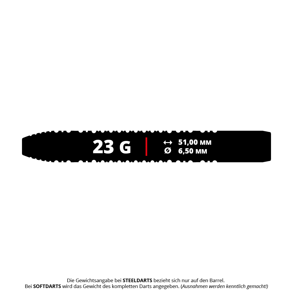 Das Bild zeigt einen schwarzen Dartbarrel mit der Aufschrift "23 G". Außerdem sind die Maße 51,00 mm Länge und 6,50 mm Durchmesser angegeben.