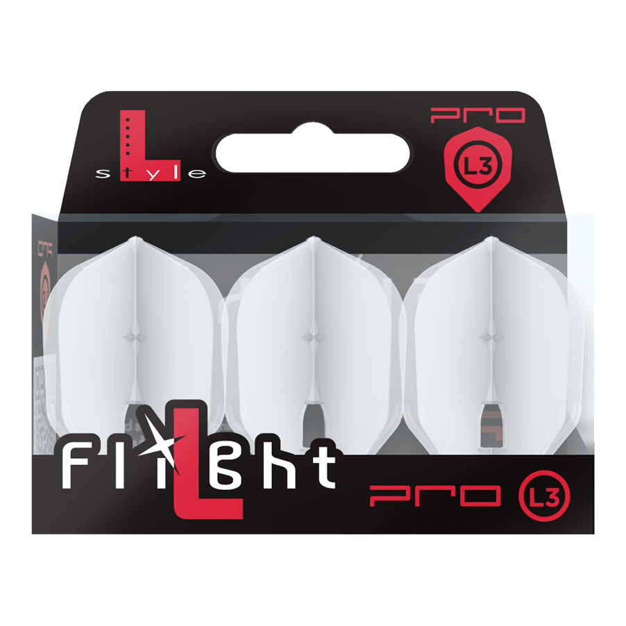 Die Abbildung zeigt eine Packung mit drei weißen Dartflights der Marke L-Style. Die Verpackung ist schwarz und transparent und trägt die Aufschrift "Flight Pro L3".