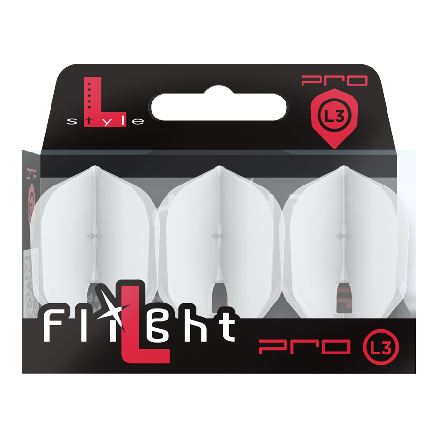 L-Style Flights Champagne - L3PRO Shape Die Abbildung zeigt eine Packung mit drei weißen Dartflights der Marke L-Style. Die Verpackung ist schwarz und transparent und trägt die Aufschrift "Flight Pro L3".