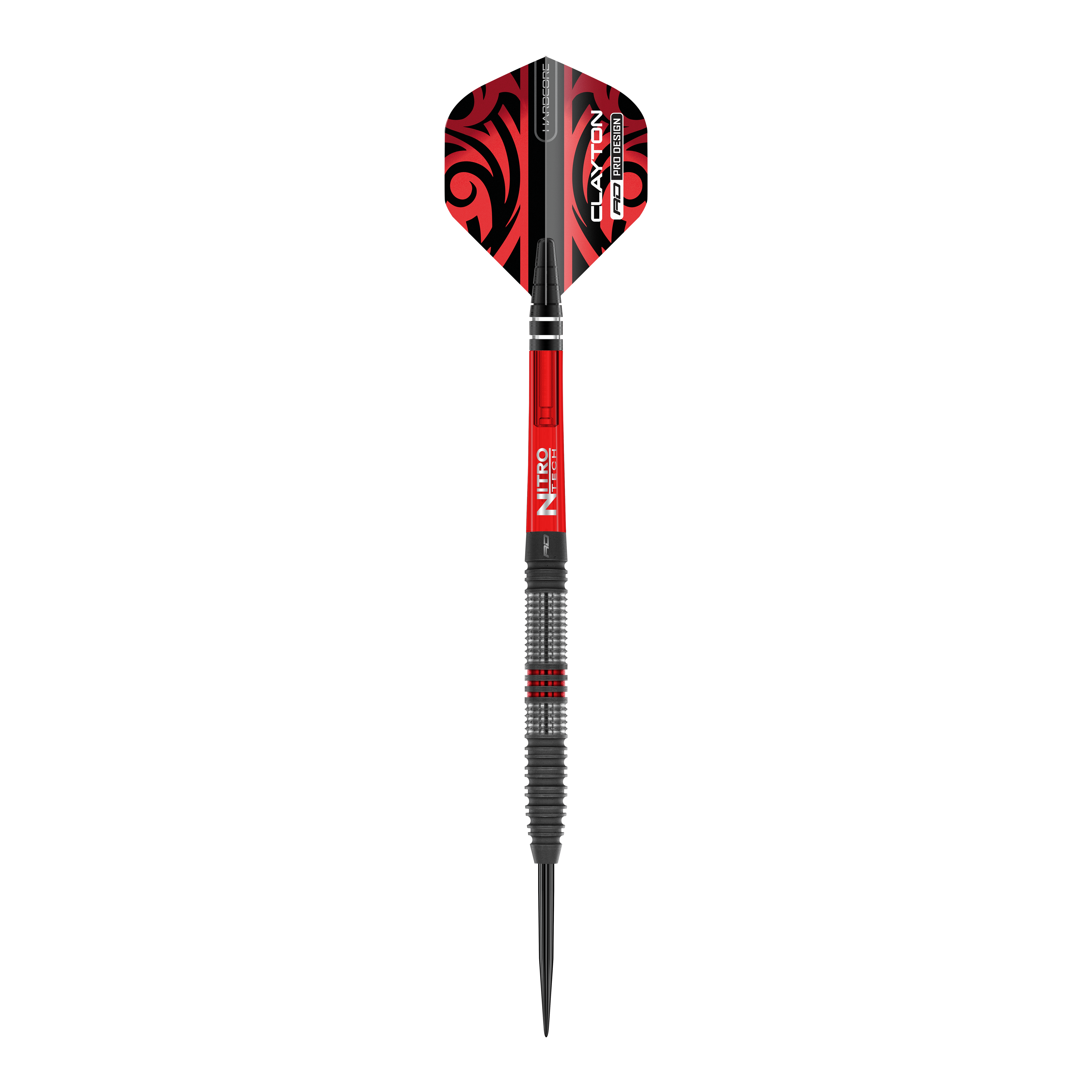 Red Dragon Jonny Clayton Hiraeth steel darts Das Bild zeigt einen Red Dragon Jonny Clayton Hiraeth Steeldart. Der Dart ist in Schwarz und Rot gehalten und hat auffällige Muster auf den Flights.