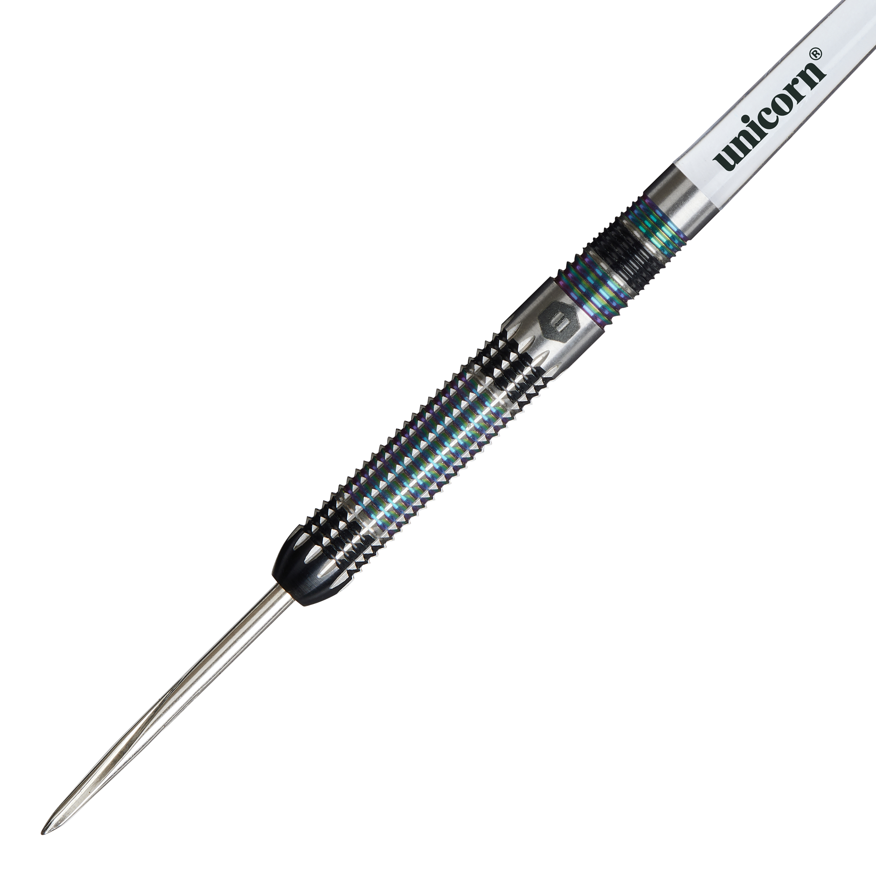 Unicorn Iris Steeldarts Das Bild zeigt einen Unicorn Iris Steeldart mit einer spitzen Metallspitze und einem geriffelten Griff. Auf dem Schaft steht der Markenname "unicorn".
