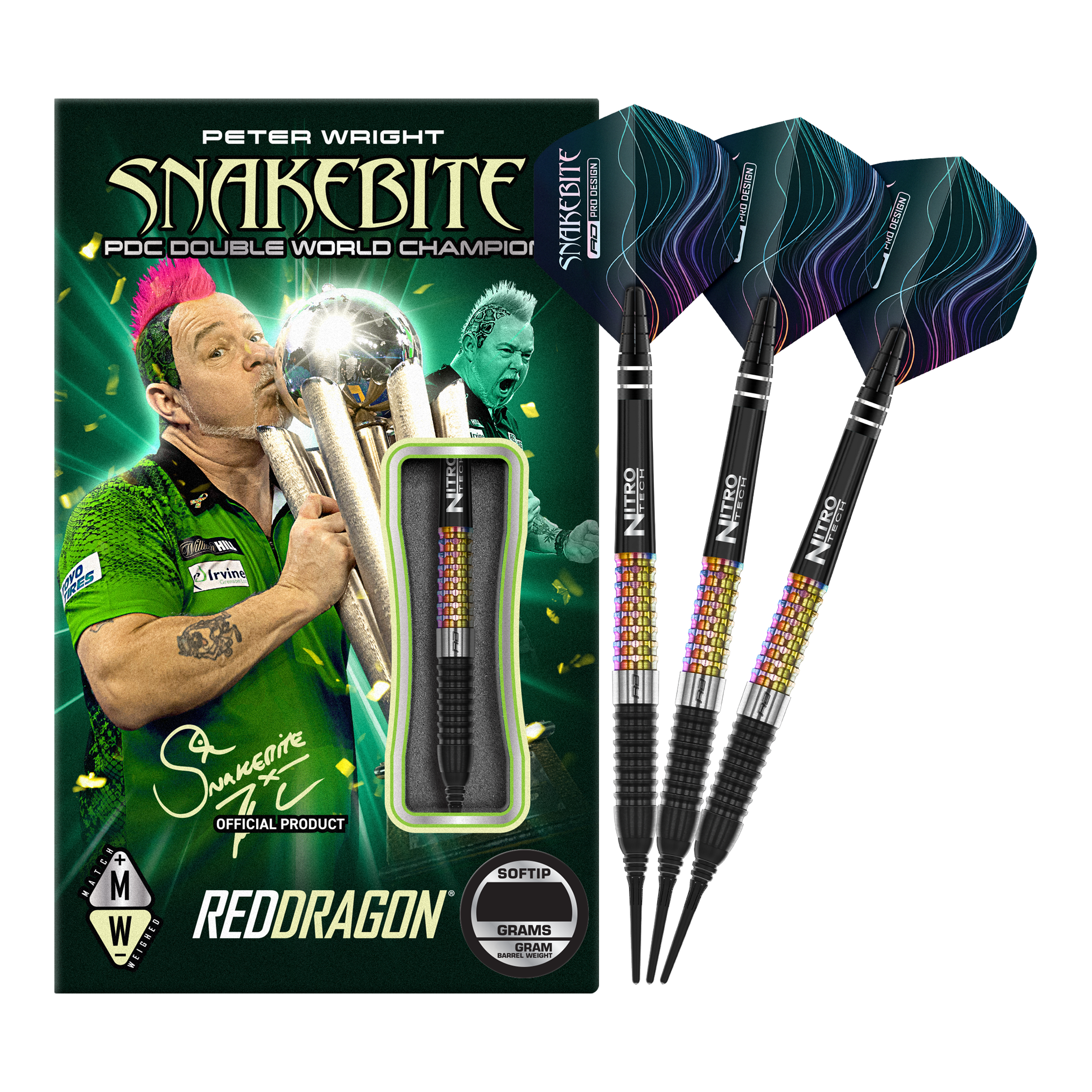 Red Dragon Peter Wright Corra Soft Darts - 18g Das Bild zeigt das Produkt "Red Dragon Peter Wright Corra Softdarts - 18g" mit einer farbenfrohen Verpackung. Drei Softdarts mit buntem Griff und schwarzen Spitzen sind daneben abgebildet.