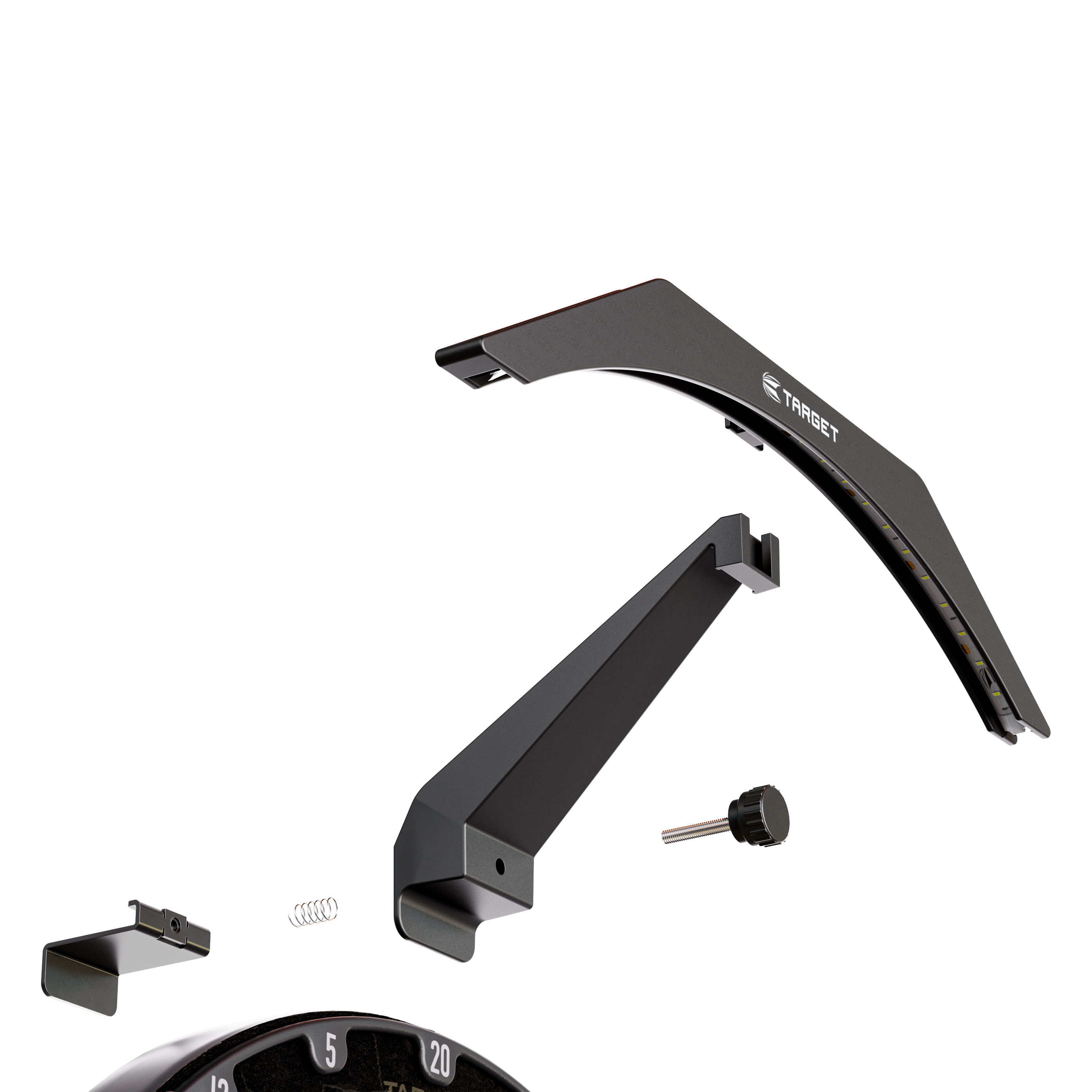 Target ARC V2 Dartboard Lighting Das Bild zeigt die einzelnen Teile des Produkts „Target ARC V2 Dartboard Beleuchtung“. Die Bauteile sind übersichtlich dargestellt und werden später zu einer Beleuchtung für ein Dartboard zusammengesetzt.