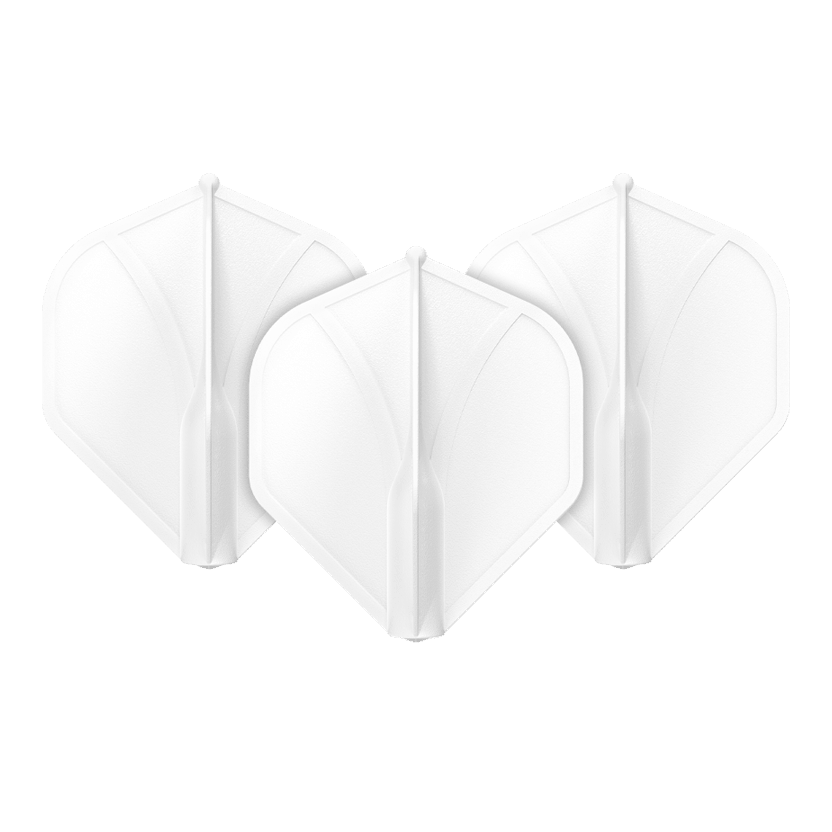 Shot Airfoil Molded No2 Standard Flights Das Bild zeigt drei weiße Dart-Flights in einer Reihe. Sie haben eine geformte, stabile Struktur und sind identisch.