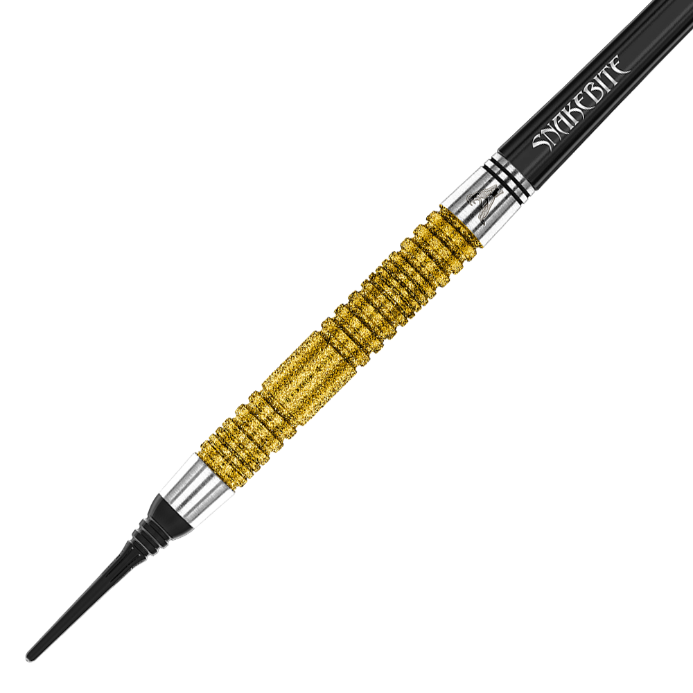 Das Bild zeigt einen goldfarbenen Softdartpfeil mit schwarzer Spitze und dem Schriftzug "Snakebite" auf dem Schaft. Es handelt sich um das Modell "Red Dragon Peter Wright Double World Champion SE Gold Plus Softdarts - 20g".