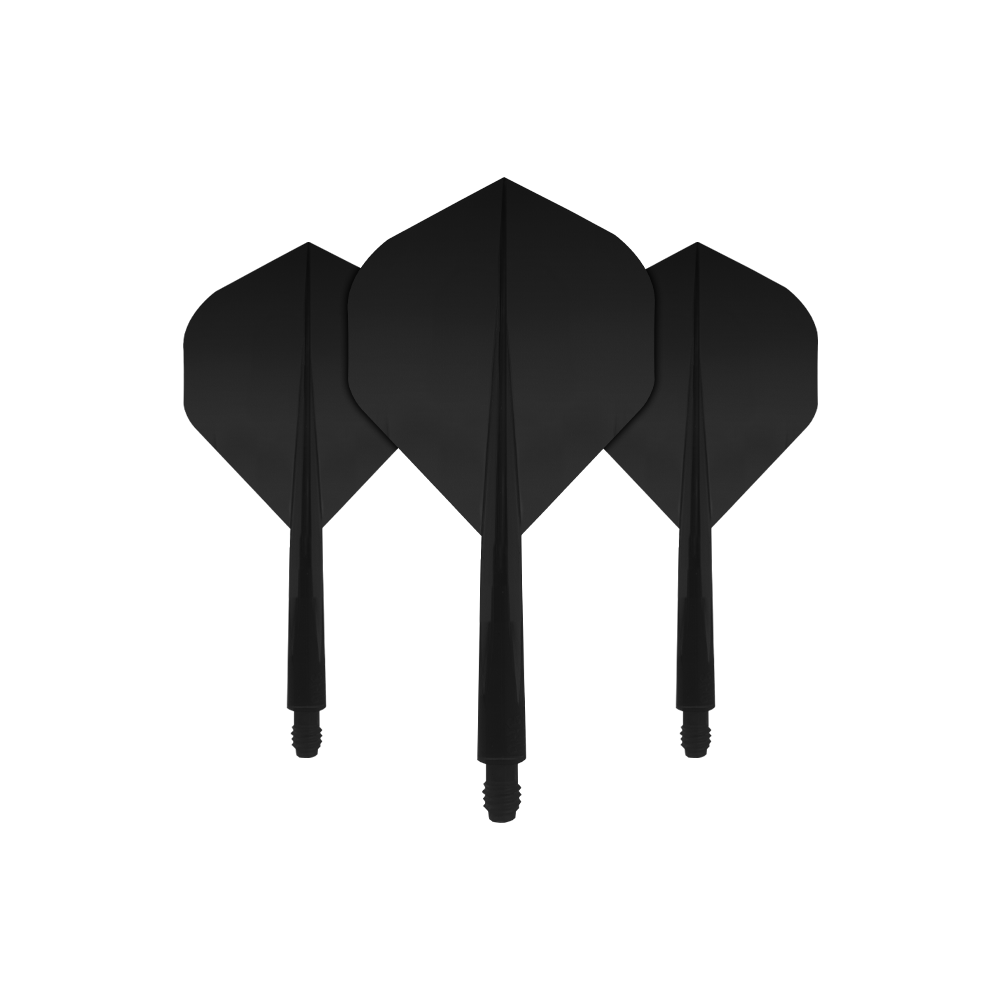 CO-0007_Condor_Axe_Black_Standard_Flights_Short_1 Das Bild zeigt drei schwarze Dartflights mit integriertem Schaft. Es handelt sich um das Produkt "Condor Axe Black Flight-System Standard".