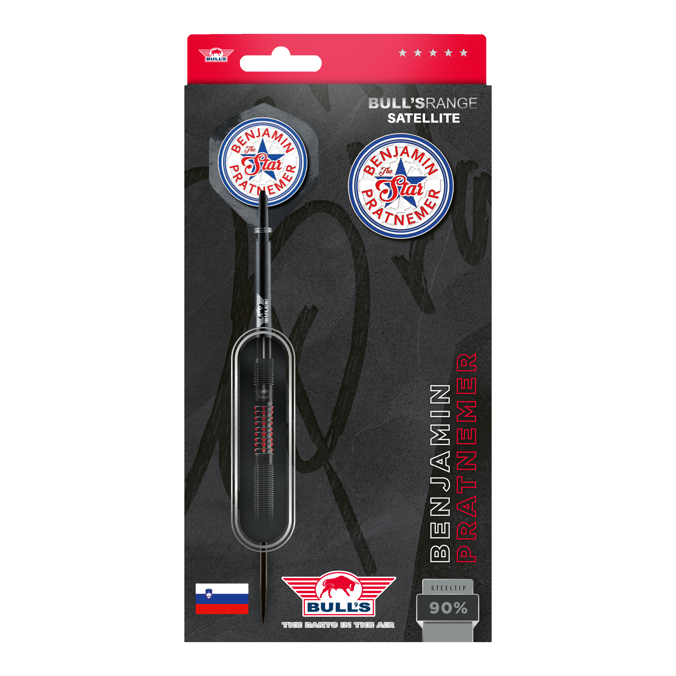 Bulls NL Benjamin Pratnemer steel darts - 20g Das Bild zeigt die Verpackung der "Bulls NL Benjamin Pratnemer Steeldarts - 20g". Auf der Verpackung sind ein Dartpfeil, Ersatzflights und der Name Benjamin Pratnemer abgebildet.