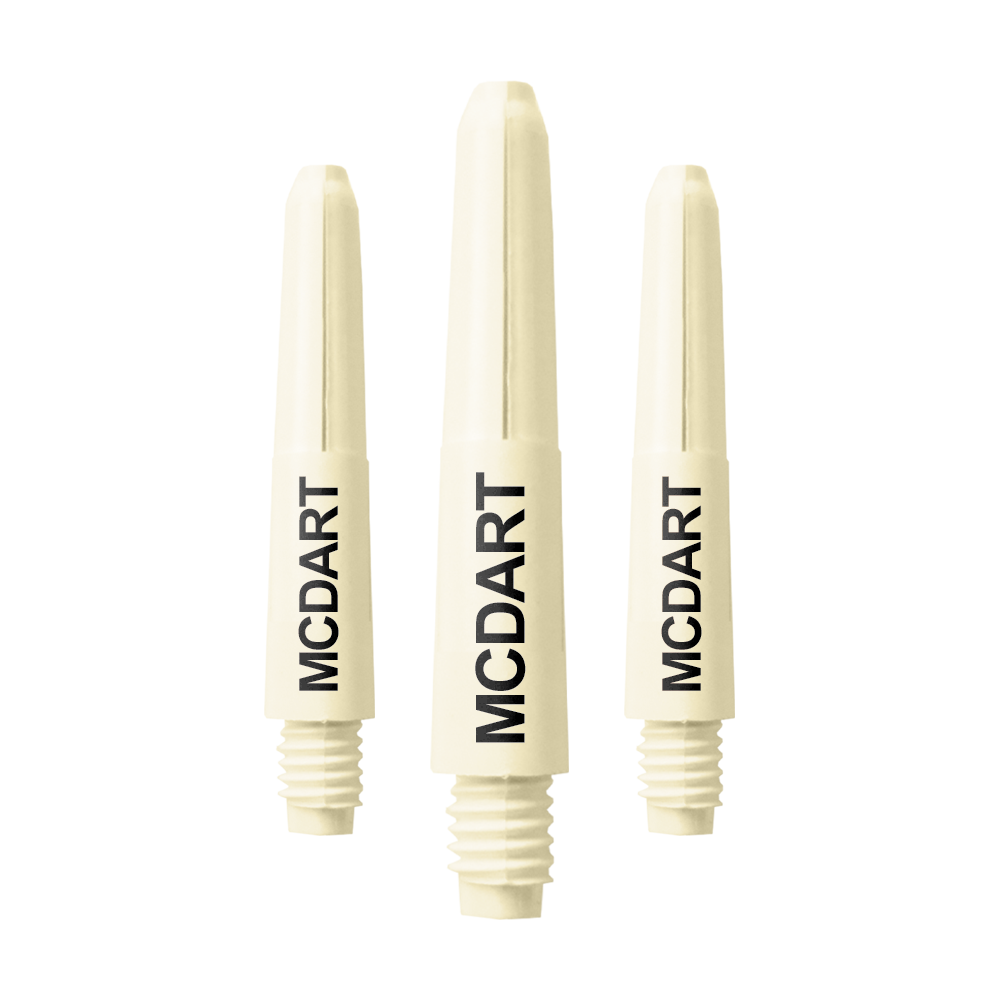 Auf dem Bild sind drei naturweiße Dartschäfte aus Nylon zu sehen. Auf jedem Schaft steht der Schriftzug "MCDART".