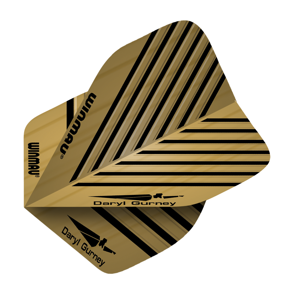 6800-114_Winmau_Daryl_Gurney_Embossed_Flights_2 Das Bild zeigt die goldfarbenen Winmau Daryl Gurney Embossed Flights mit schwarzen Linienmustern. Auf den Flights stehen die Namen "Winmau" und "Daryl Gurney" zusammen mit einem Pfeil-Symbol.