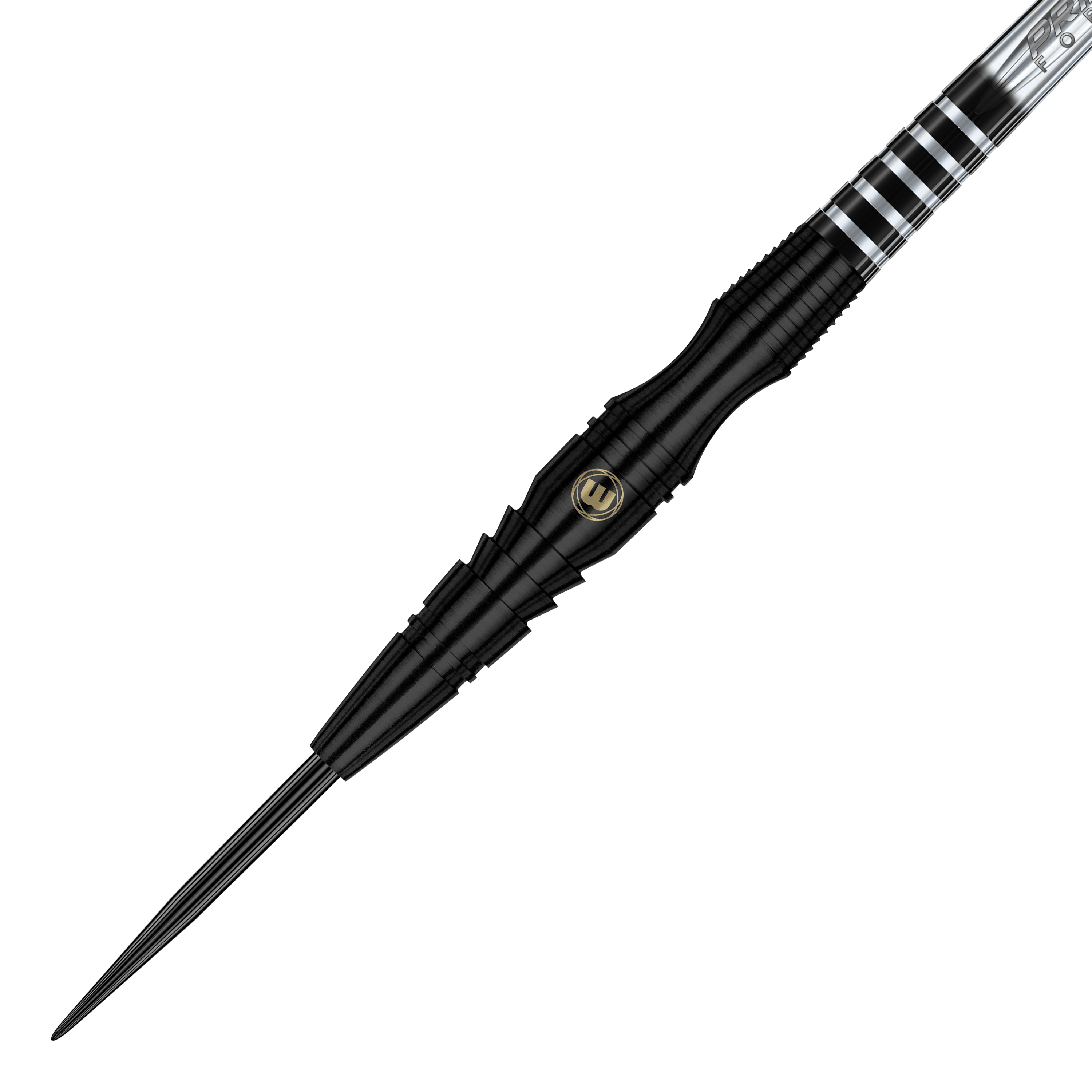Winmau Sniper Black steel darts Das Bild zeigt einen Winmau Sniper Black Steeldart. Der Dart ist schwarz mit silbernen Akzenten und hat eine schlanke, moderne Form.