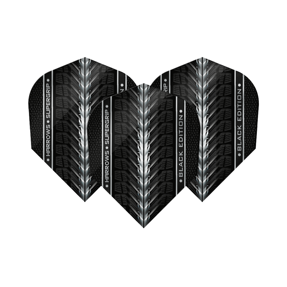 Harrows Supergrip Black Edition No6 Flights Das Bild zeigt die "Harrows Supergrip Black-Edition No6 Flights" in einem schwarzen Design mit silbernen Akzenten. Die Flights haben eine strukturierte Oberfläche und den Schriftzug "Harrows Supergrip Black Edition".