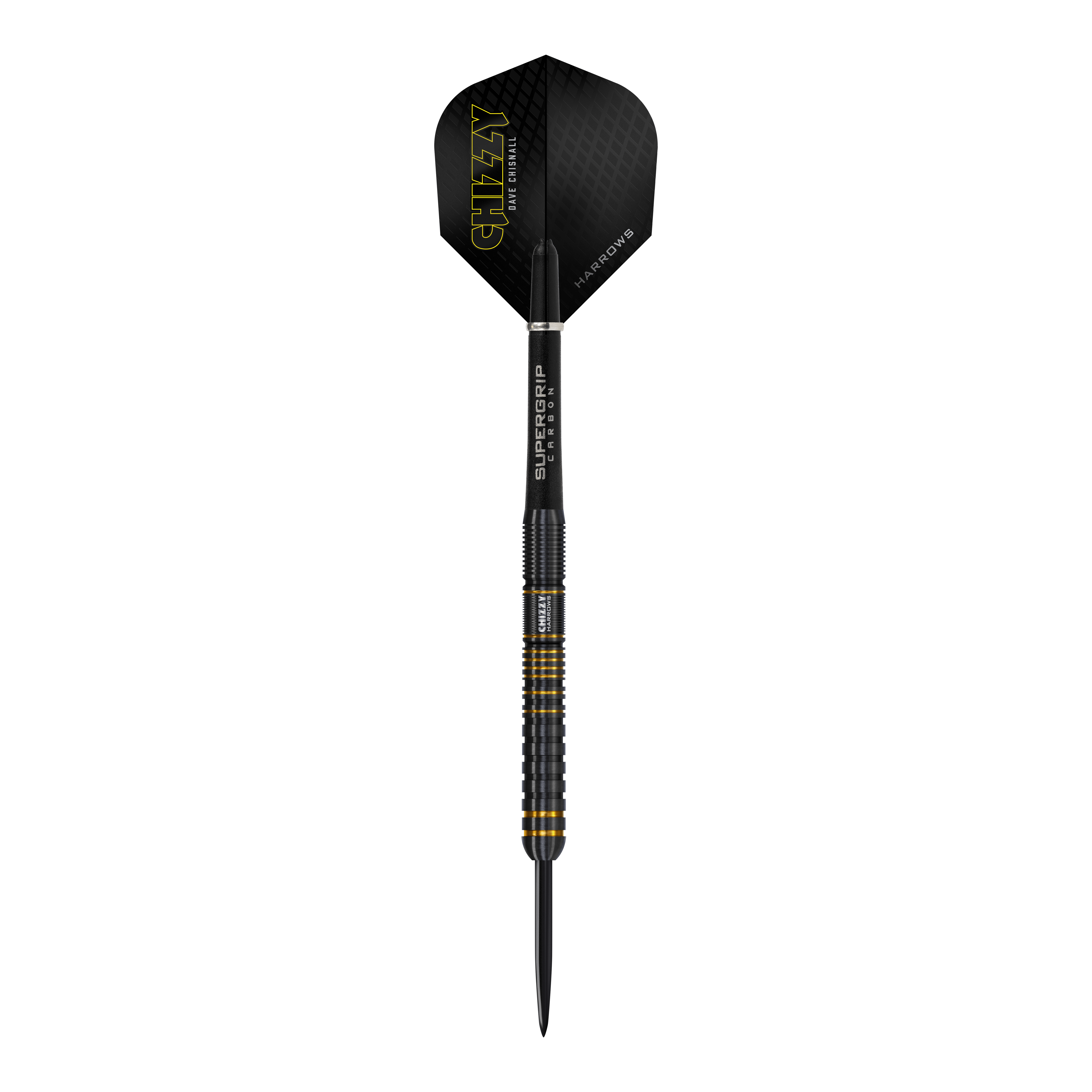 Harrow's Dave Chisnall Chizzy Series 3 steel darts Das Bild zeigt den Harrows Dave Chisnall Chizzy Series 3 Steeldart. Der Dart ist schwarz mit gelben Akzenten und hat den Schriftzug "CHIZZY" auf dem Flight.