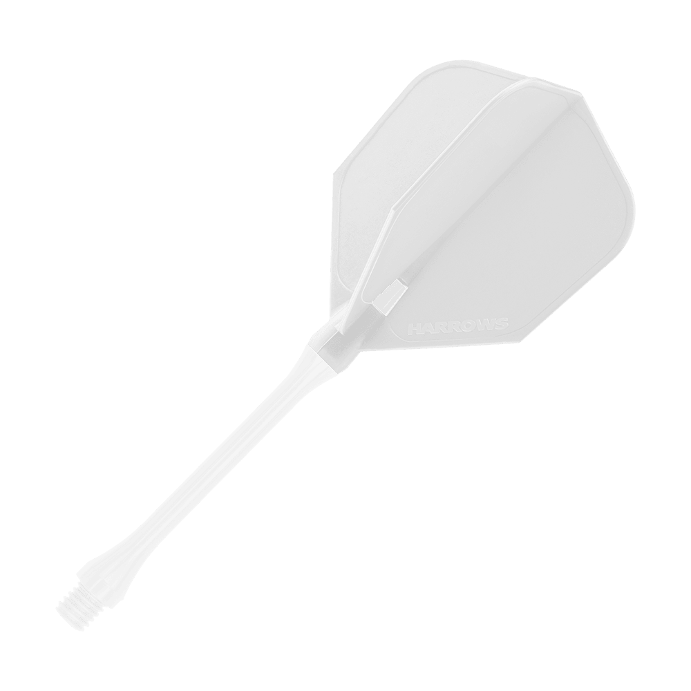 HRC-110_Harrows_Clic_Standard_Flight_White_2 Auf dem Bild ist ein weißer Harrows Clic Standard Flight für Darts zu sehen. Er besteht aus einem stabilen Shaft und einem klassischen, flügelartigen Flight-Design.