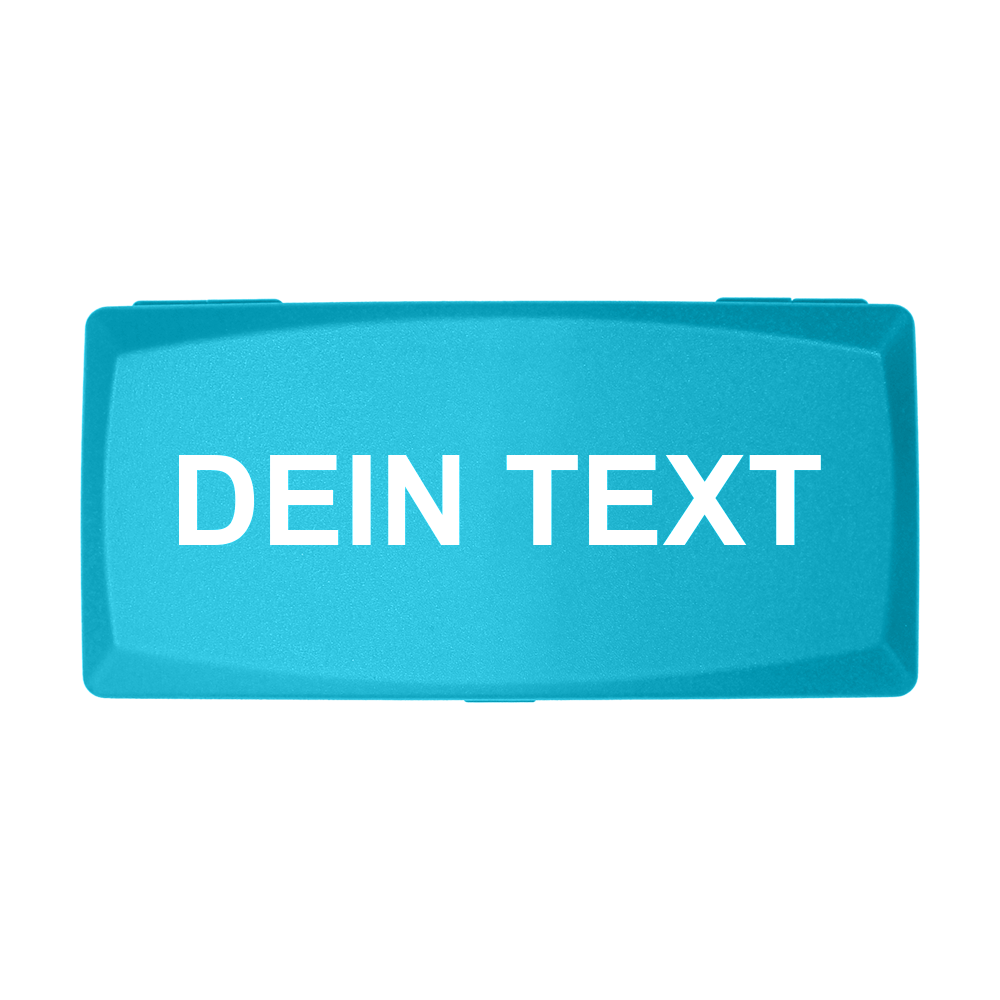ABS box with custom print Die Abbildung zeigt eine himmelblaue Box mit der Aufschrift "DEIN TEXT" in weißer Schrift. Die Box hat eine rechteckige Form und einen schlichten, modernen Look.