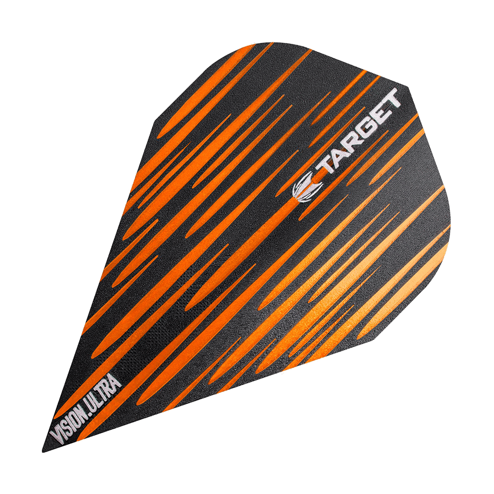 TG72_332380_Target_Vision_Ultra_Spectrum_Orange_Vapor_Flights_1zC4oRCsujUS8F Das Bild zeigt ein Dartflugblatt namens "Target Vision Ultra Spectrum Orange Vapor Flights". Es hat ein schwarzes Design mit auffälligen orangefarbenen Streifen und trägt den weißen Schriftzug "TARGET".