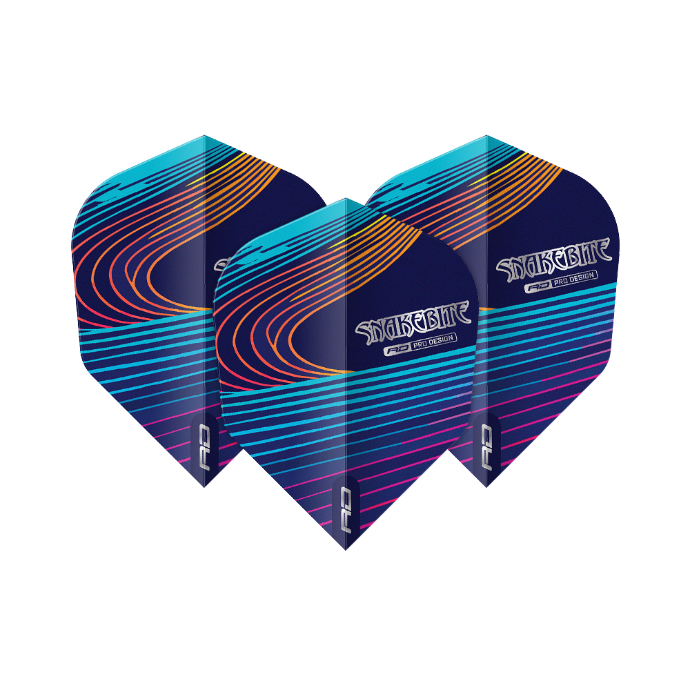 Red Dragon Peter Wright Snakebite Multi No6 Flights Das Bild zeigt drei Dart-Flights mit dem Namen "Red Dragon Peter Wright Snakebite Multi No6 Flights". Die Flights sind dunkelblau mit bunten, geschwungenen Linien und dem Schriftzug "Snakebite".