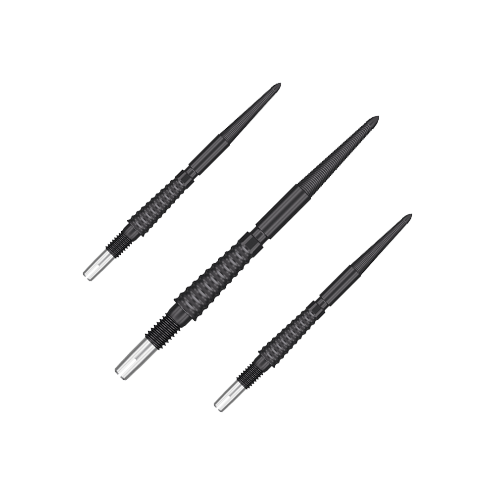 Target Swiss Storm LNC dart tips - Black Das Bild zeigt drei schwarze Dartspitzen mit silbernen Enden. Sie sind in unterschiedlichen Ausrichtungen auf einem transparenten Hintergrund zu sehen.