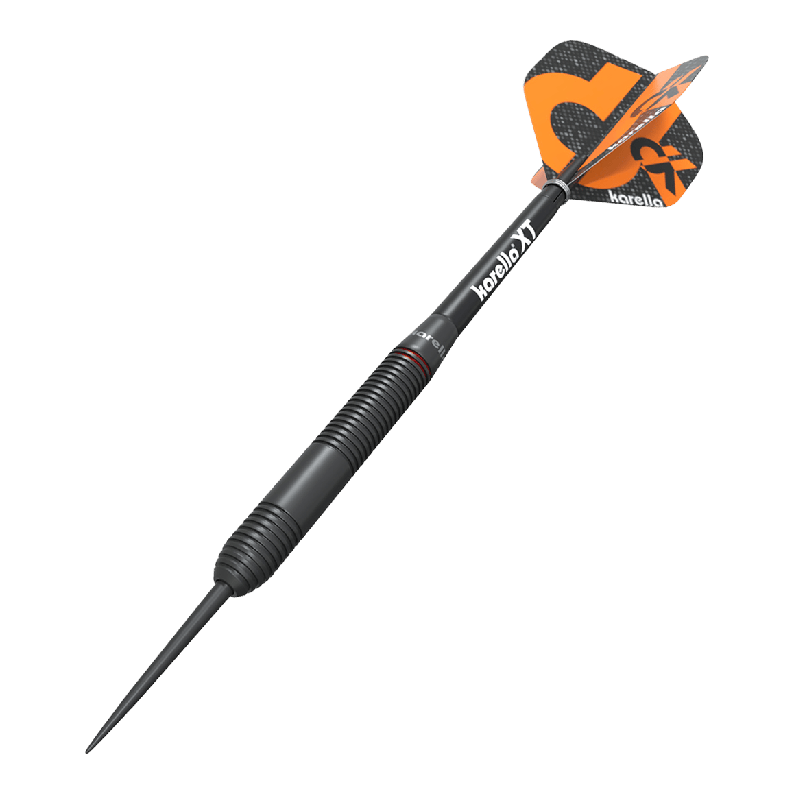 Karella Daniel Klose steel darts Das Bild zeigt einen Karella Daniel Klose Steeldart. Der Dartpfeil ist schwarz mit orangem Flights und hat ein modernes Design.