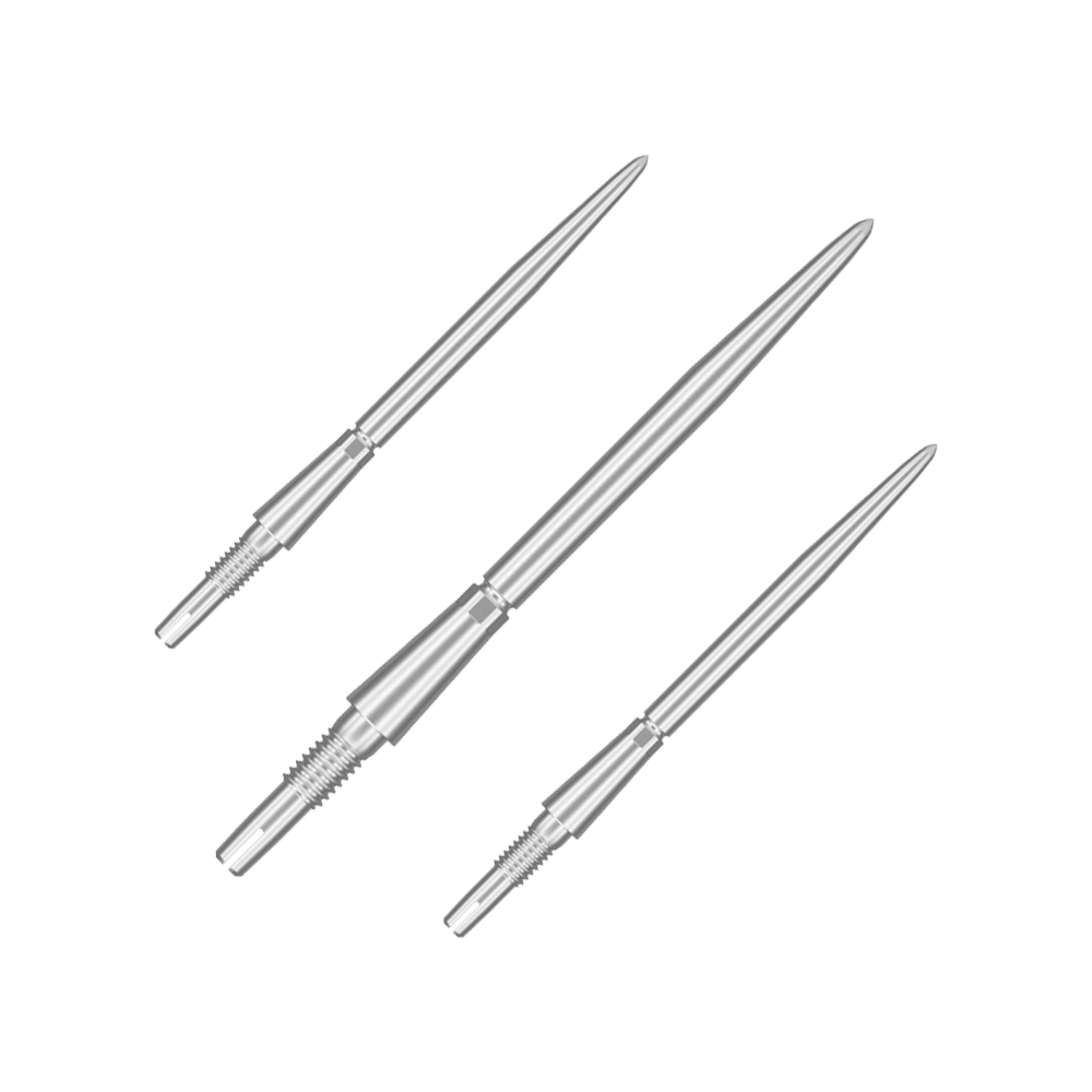 Target Swiss Storm Point dart tips - silver Das Bild zeigt drei silberne Dartspitzen. Sie sind nebeneinander auf weißem Hintergrund angeordnet.