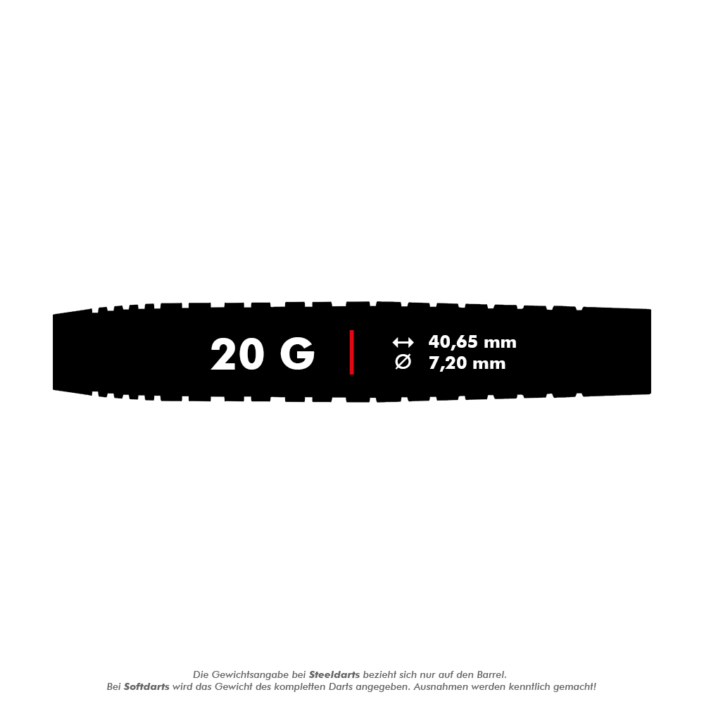 Das Bild zeigt die Maße und das Gewicht der Red Dragon Luke Humphries TX3 Gold SE Softdarts. Der Dart wiegt 20 Gramm, ist 40,65 mm lang und hat einen Durchmesser von 7,20 mm.