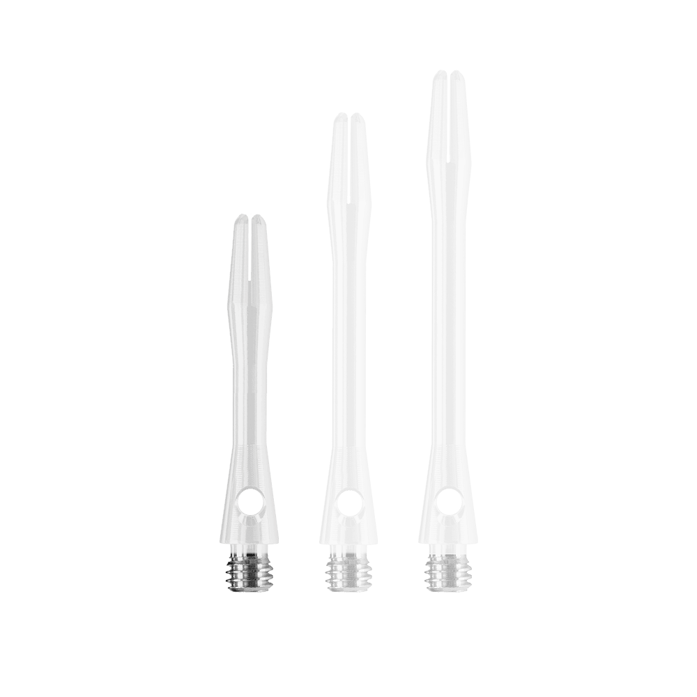 Das Bild zeigt drei weiße Harrows Keramic Shafts in unterschiedlichen Längen. Sie haben jeweils ein silbernes Gewinde am unteren Ende.