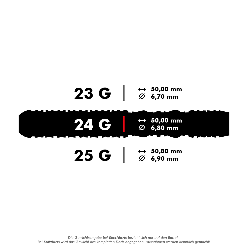 Shot Roman Empire Juno steel darts Das Bild zeigt drei verschiedene Varianten von Steeldarts mit den Gewichten 23 g, 24 g und 25 g sowie deren jeweilige Maße. Die genauen Längen und Durchmesser der Darts sind für jede Gewichtsklasse angegeben.