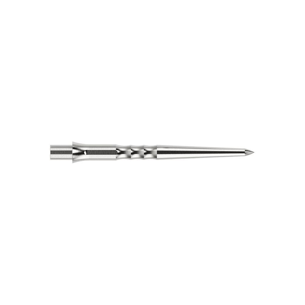 Caliburn System steel dart tips - Ripple - NoLip - silver Das Bild zeigt eine silberne Caliburn Evo System Steeldartspitze Ripple NoLip, 28 mm lang. Die Spitze ist einzeln abgebildet.
