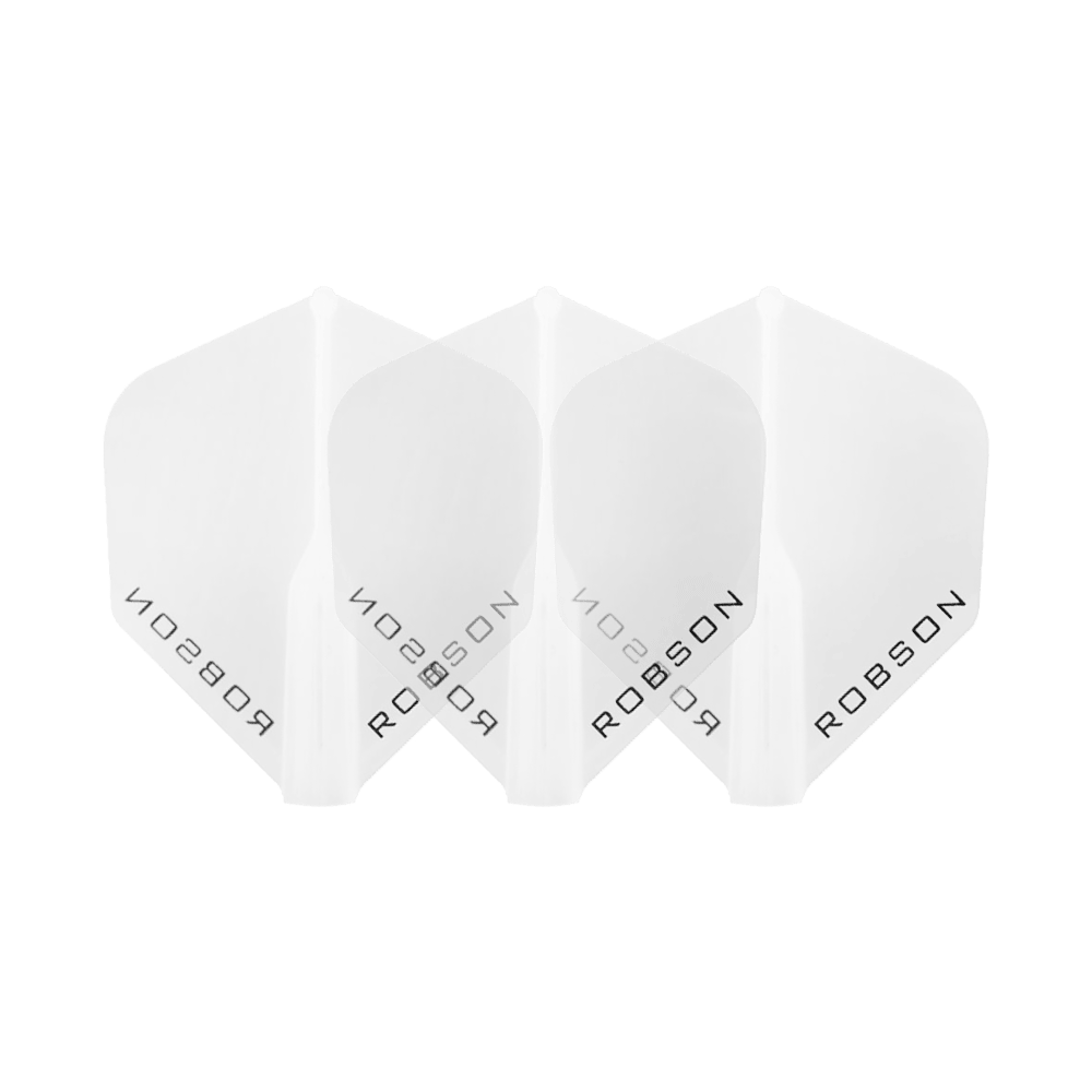 Robson Plus Flights - Standard Das Bild zeigt drei klare Dart-Flights der Marke Robson. Die Flights sind nebeneinander angeordnet und tragen den Schriftzug "ROBSON".