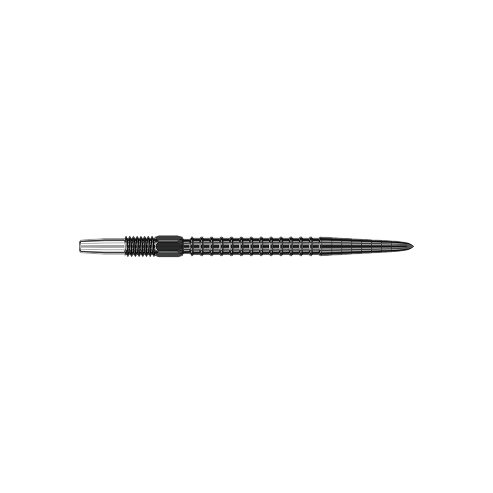 Target Swiss Point Chrono Dart Tips - Black Das Bild zeigt eine schwarze Dartspitze mit einem geriffelten Griffbereich. Die Spitze ist lang und schlank geformt.